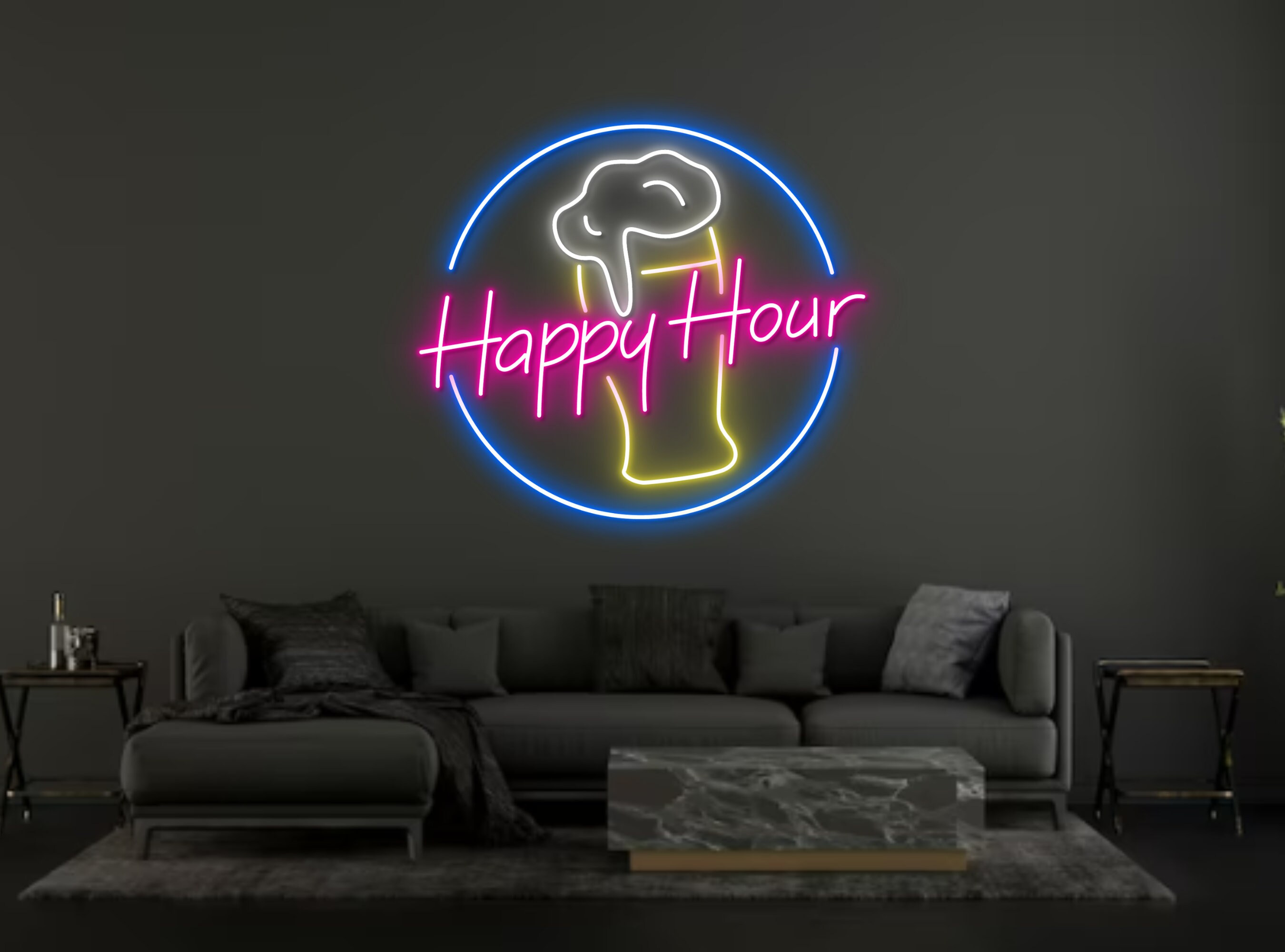 Happy Hour Beer Bottle Glass Foam Neon Signs