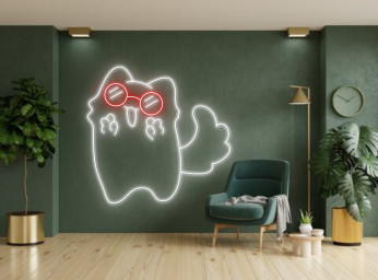 Happy Chibi Cute Cat Line Art Neon Sign