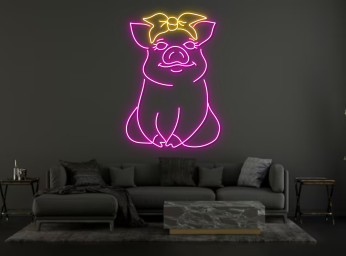 Cute Pig With Hair Band Neon Sign