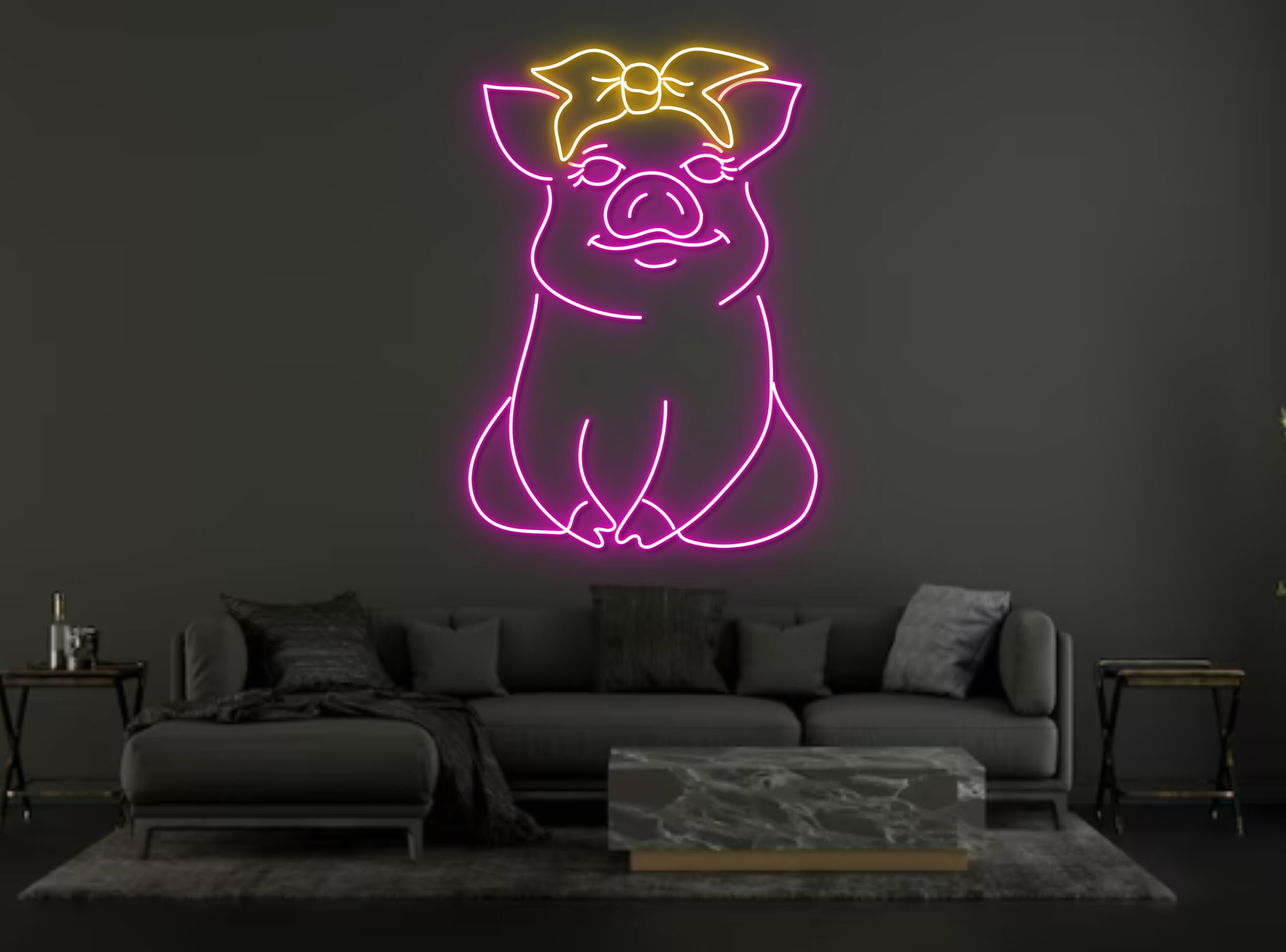Cute Pig With Hair Band Neon Sign