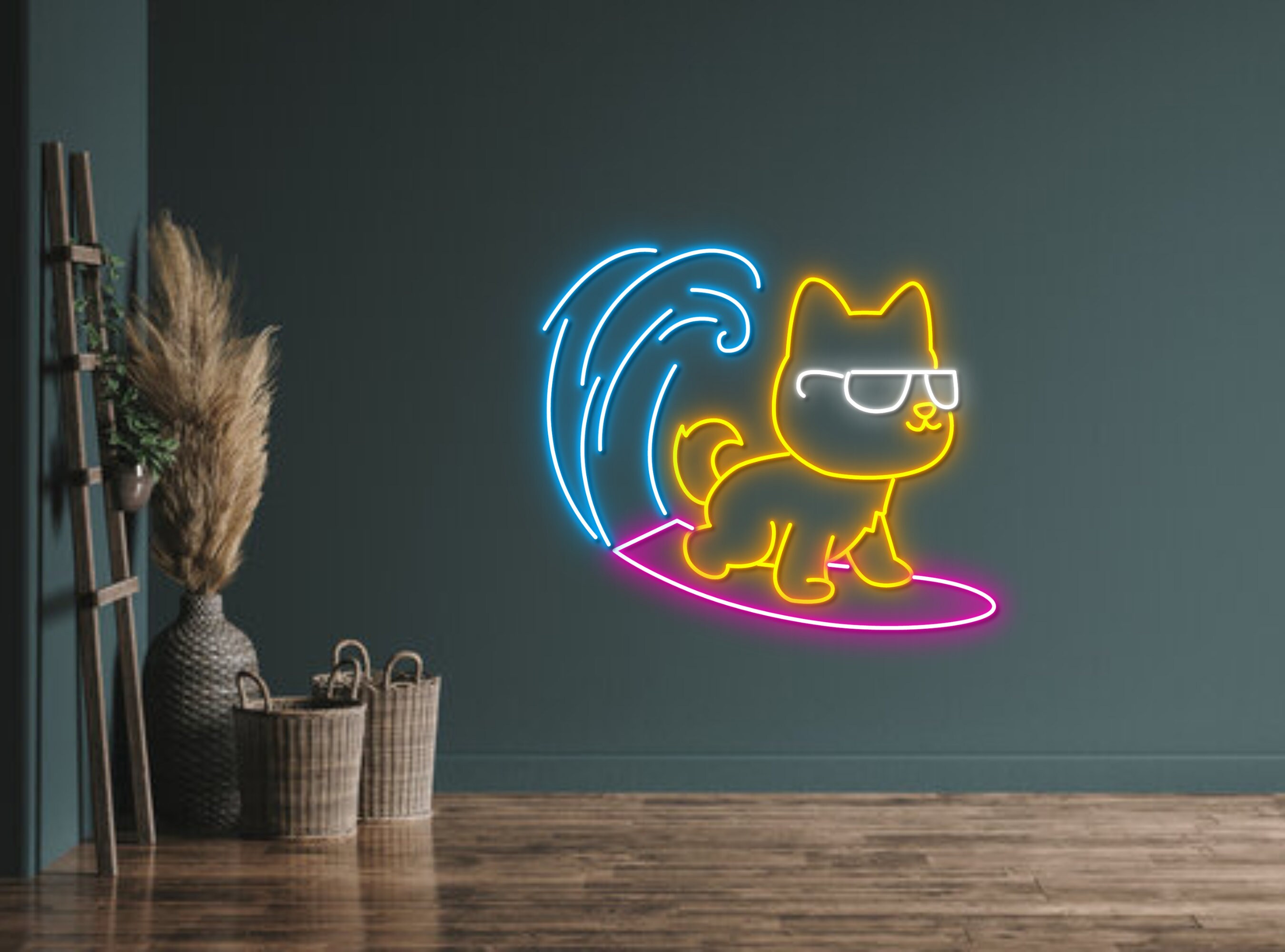 Chibi Dog Surfing On The Beach Neon Sign