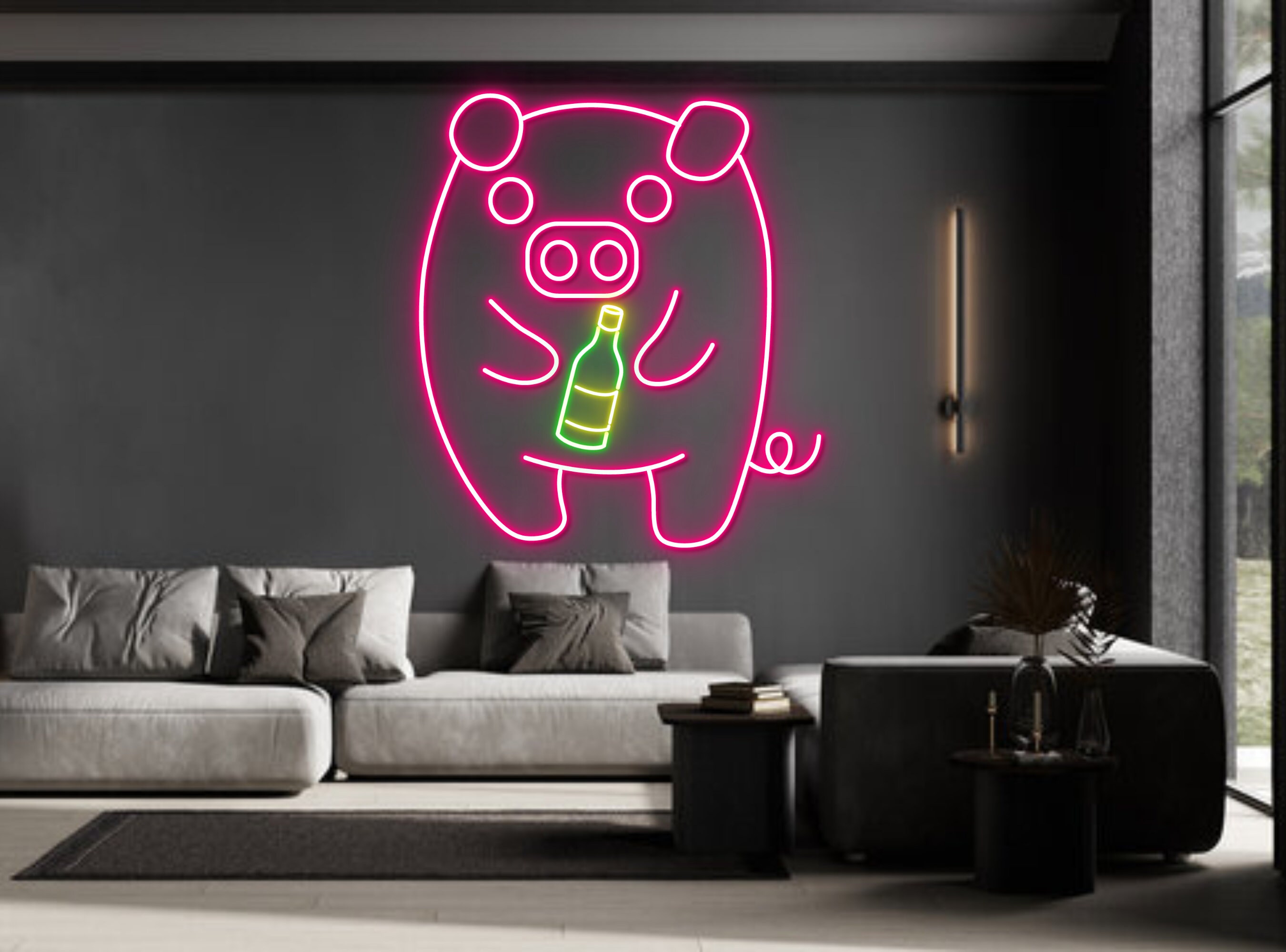 Pig Hold Beer Bottle Neon Sign