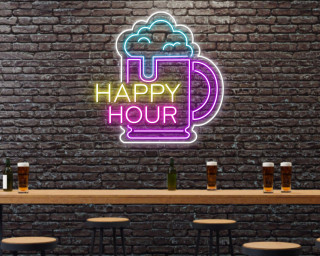 Happy Hour Beer Bottle Glass Foam Neon Sign
