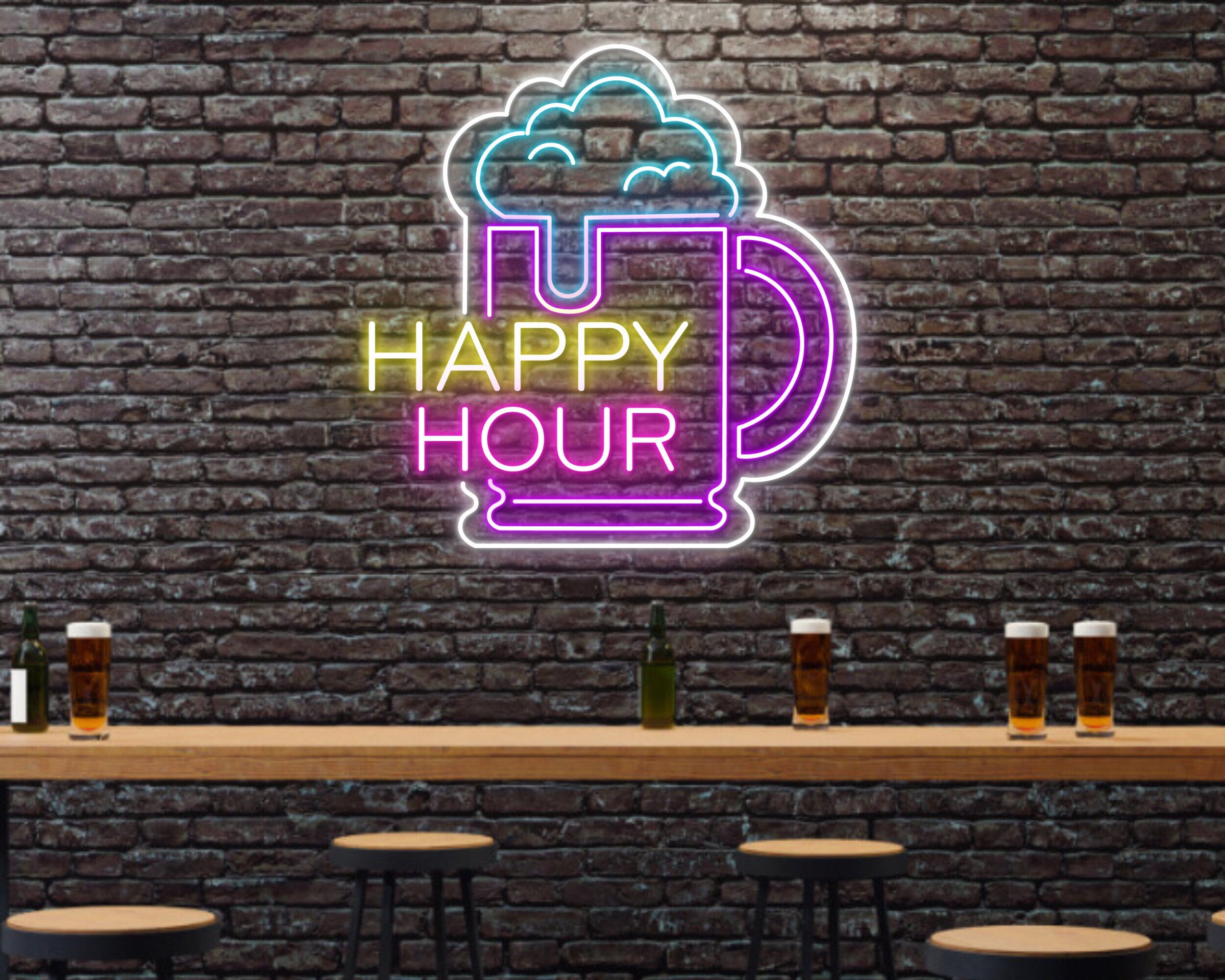 Happy Hour Beer Bottle Glass Foam Neon Sign