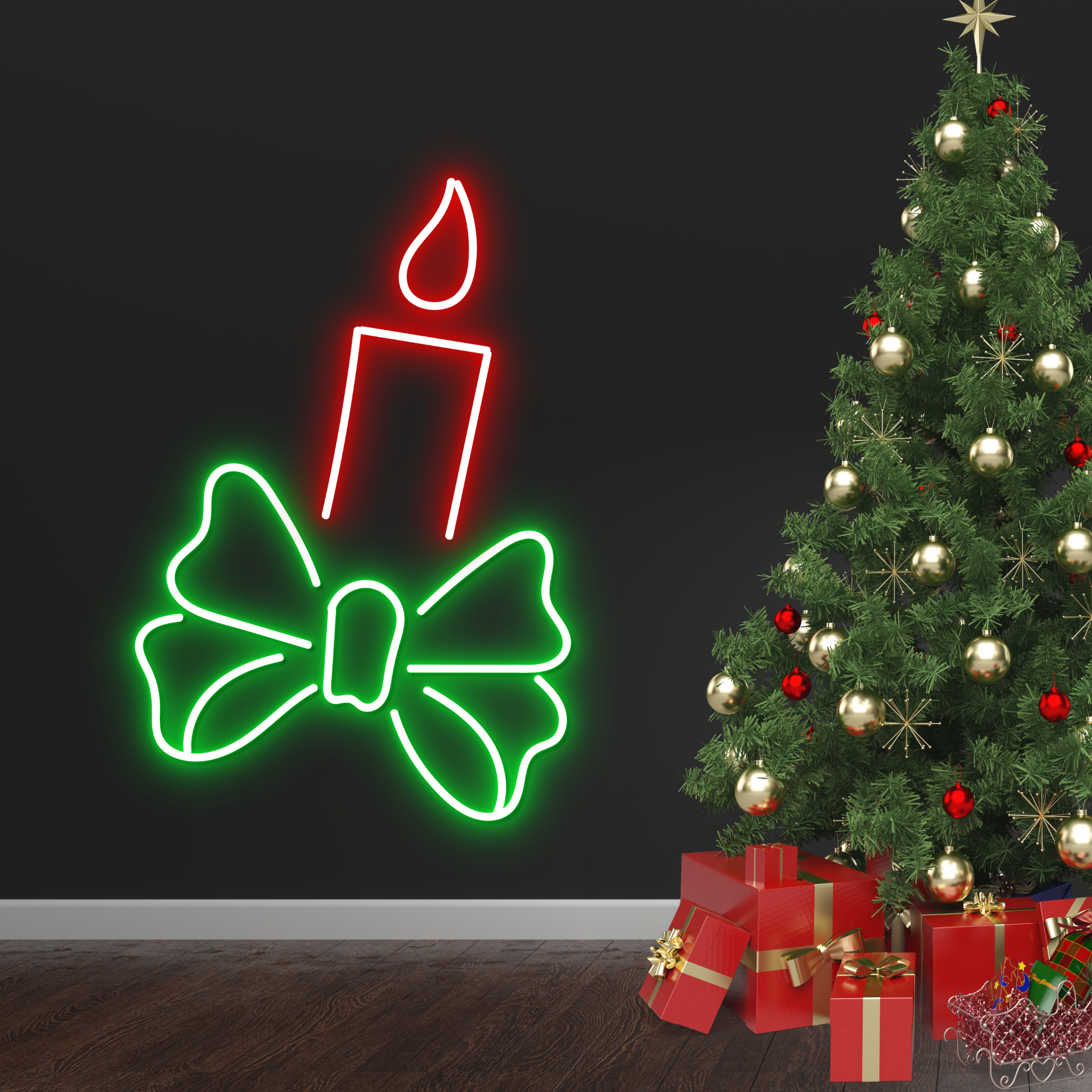 Christmas Candle Neon Sign Christmas Decor Set Green Red