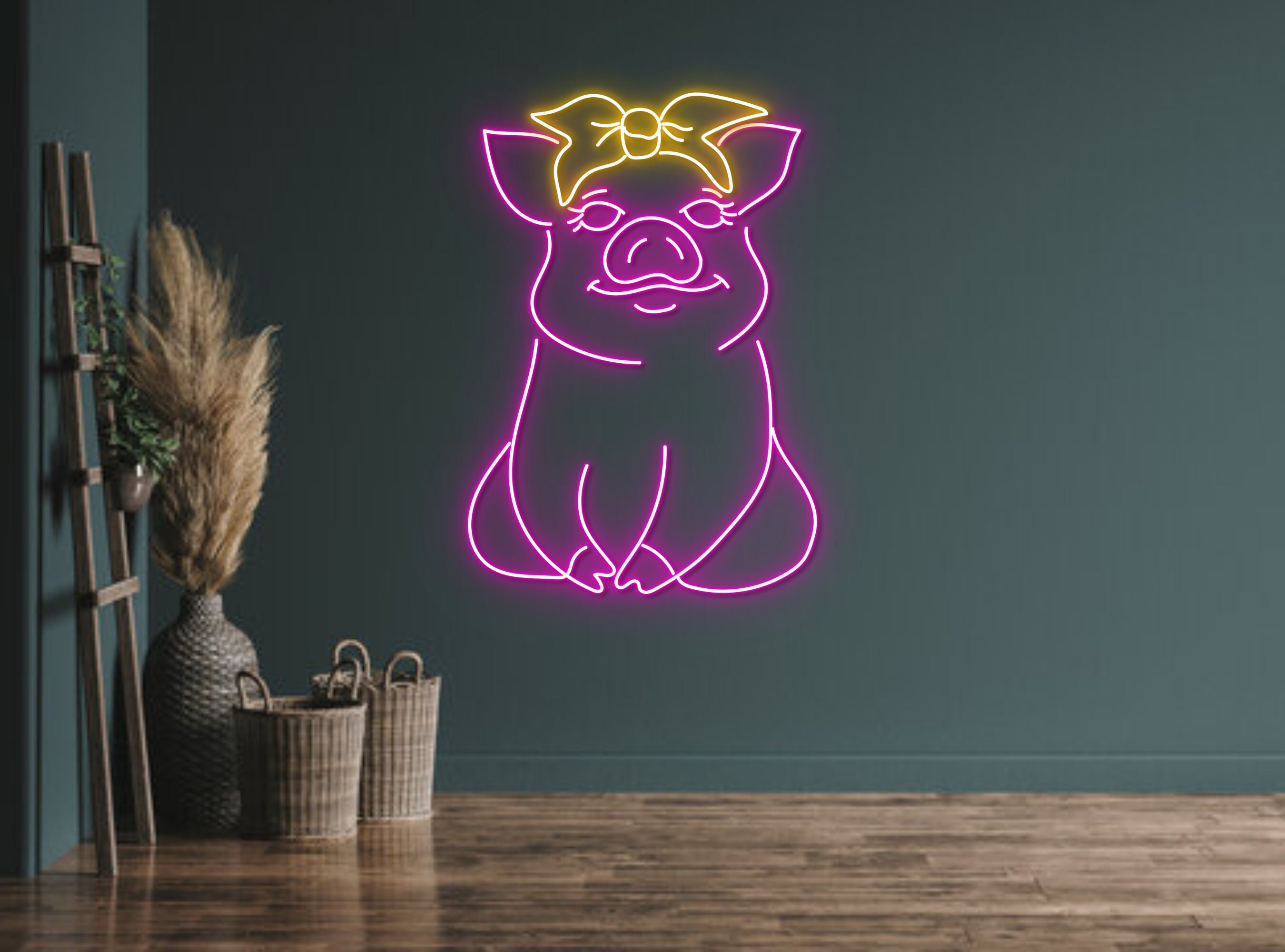 Cute Pig With Hair Band Neon Sign