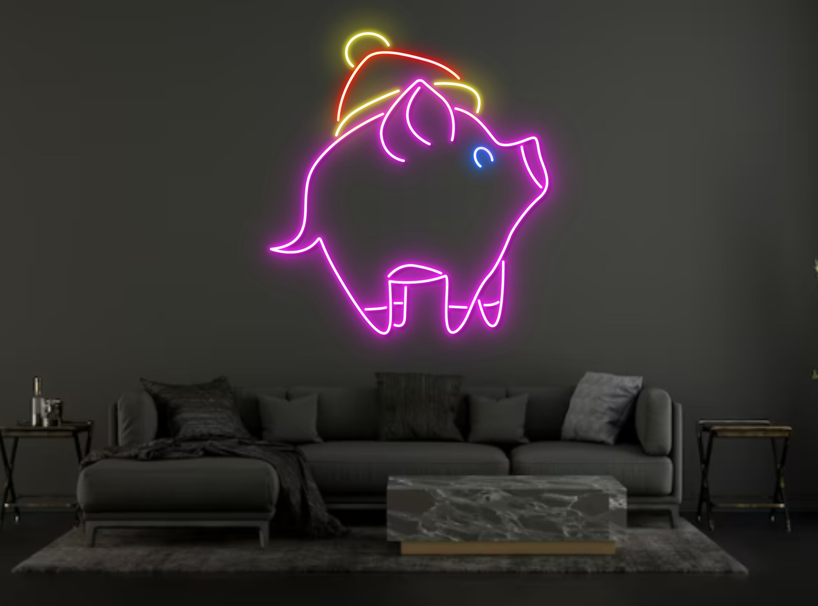Pig With Christmas Hat Neon Signs