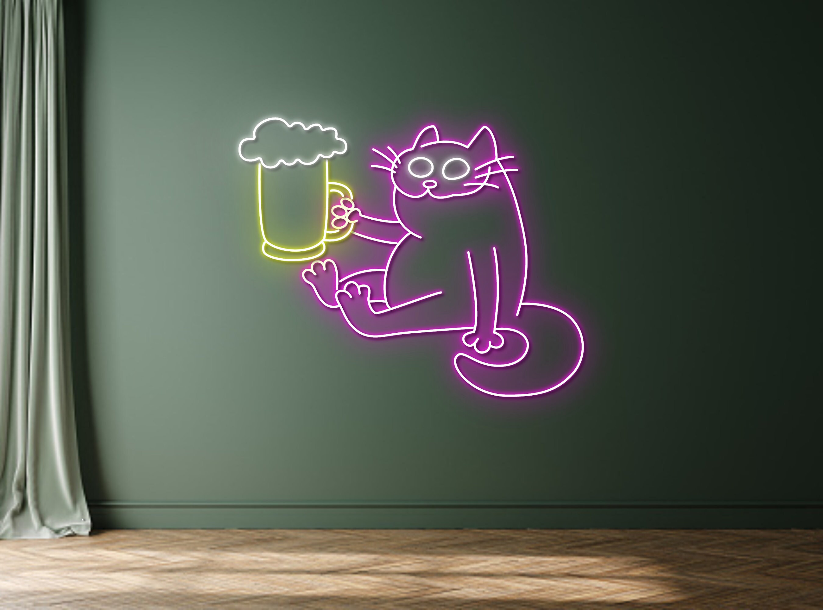 Cat Holding Beer Line Art Neon Sign