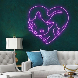 Cat In Heart Line Art Neon Signs