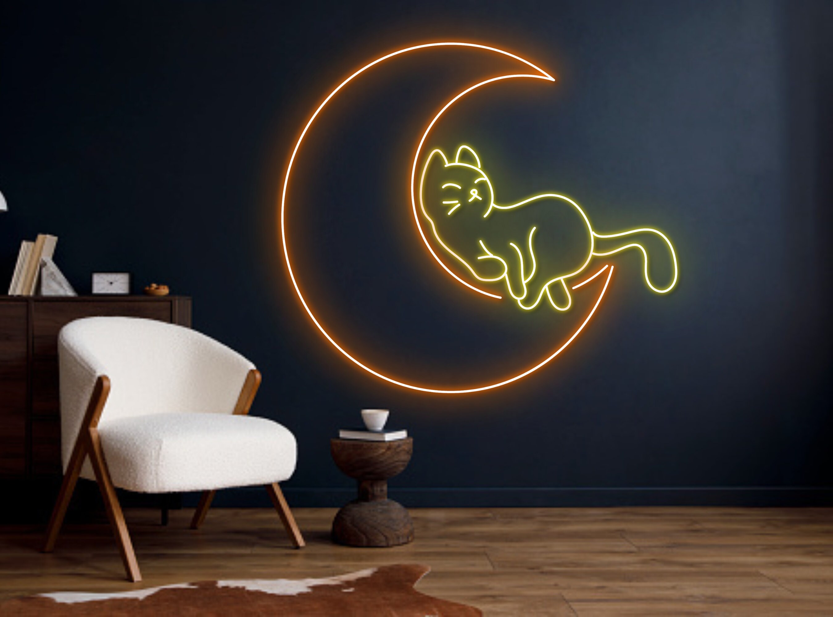 Lazy Cat Lying Moon Neon Sign