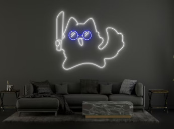 Chibi Cute Cat Hold Knife Line Art Neon Sign