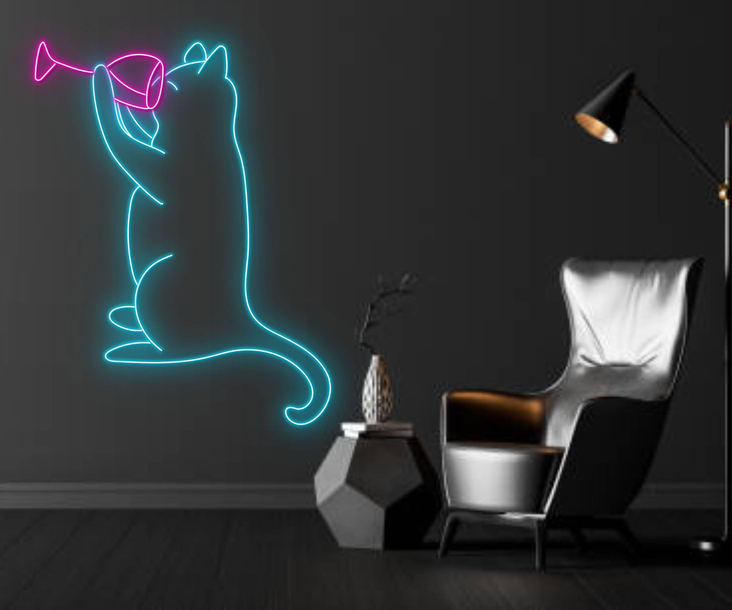 Drinking Champagne Cat Line Art Neon Sign