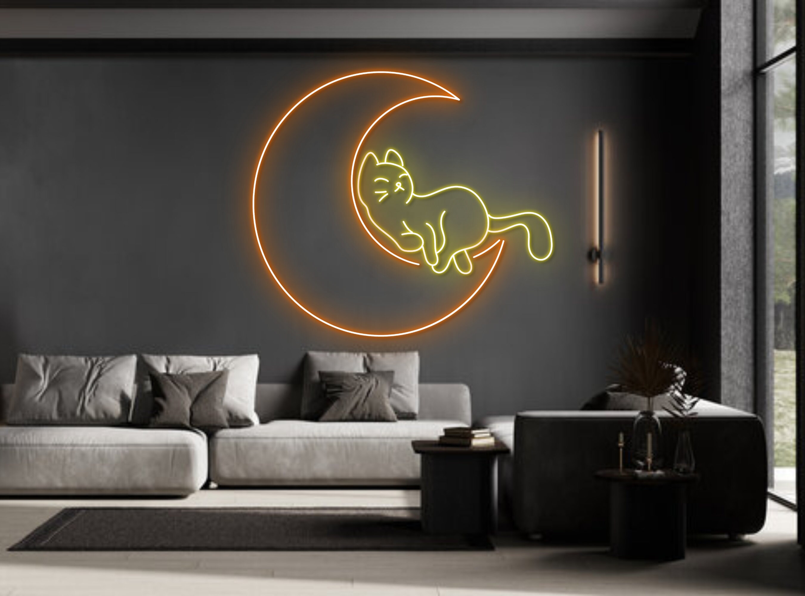 Lazy Cat Lying Moon Neon Sign
