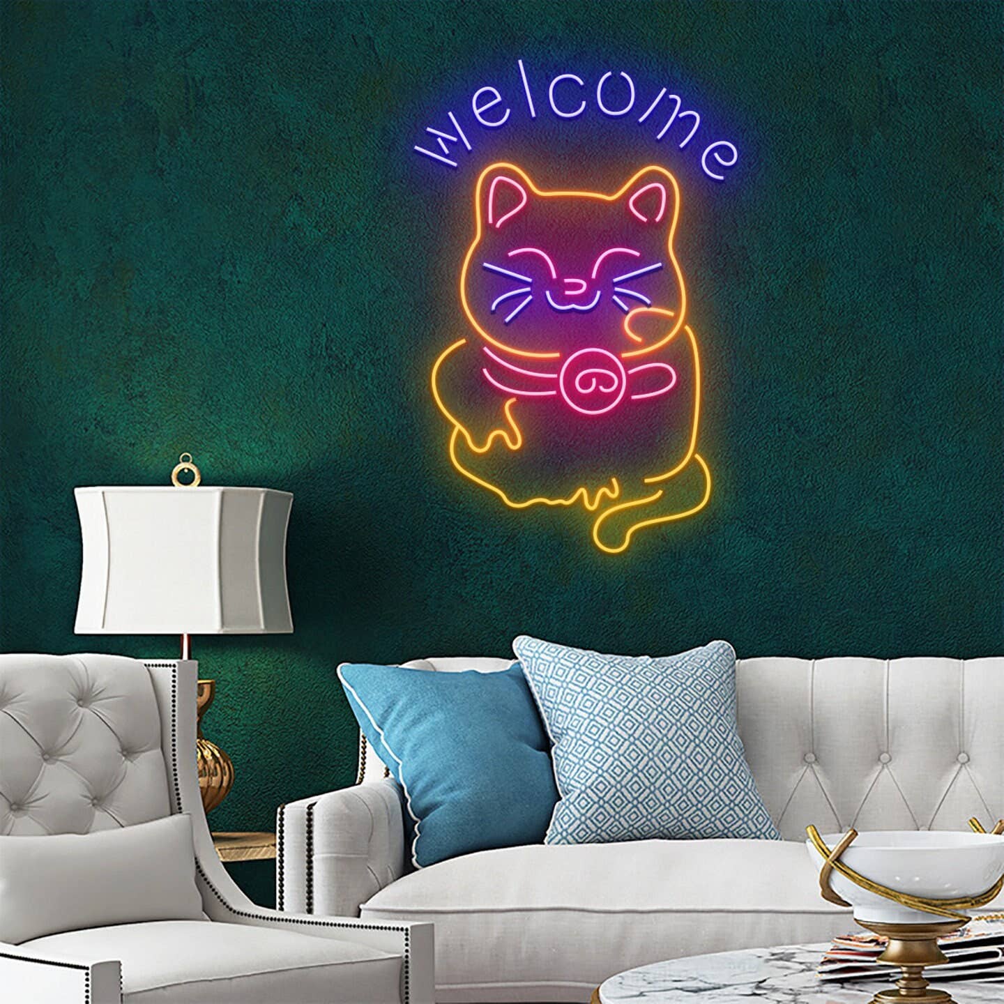 Cat Welcome Neon Signboard Shop Store Entrance Decor