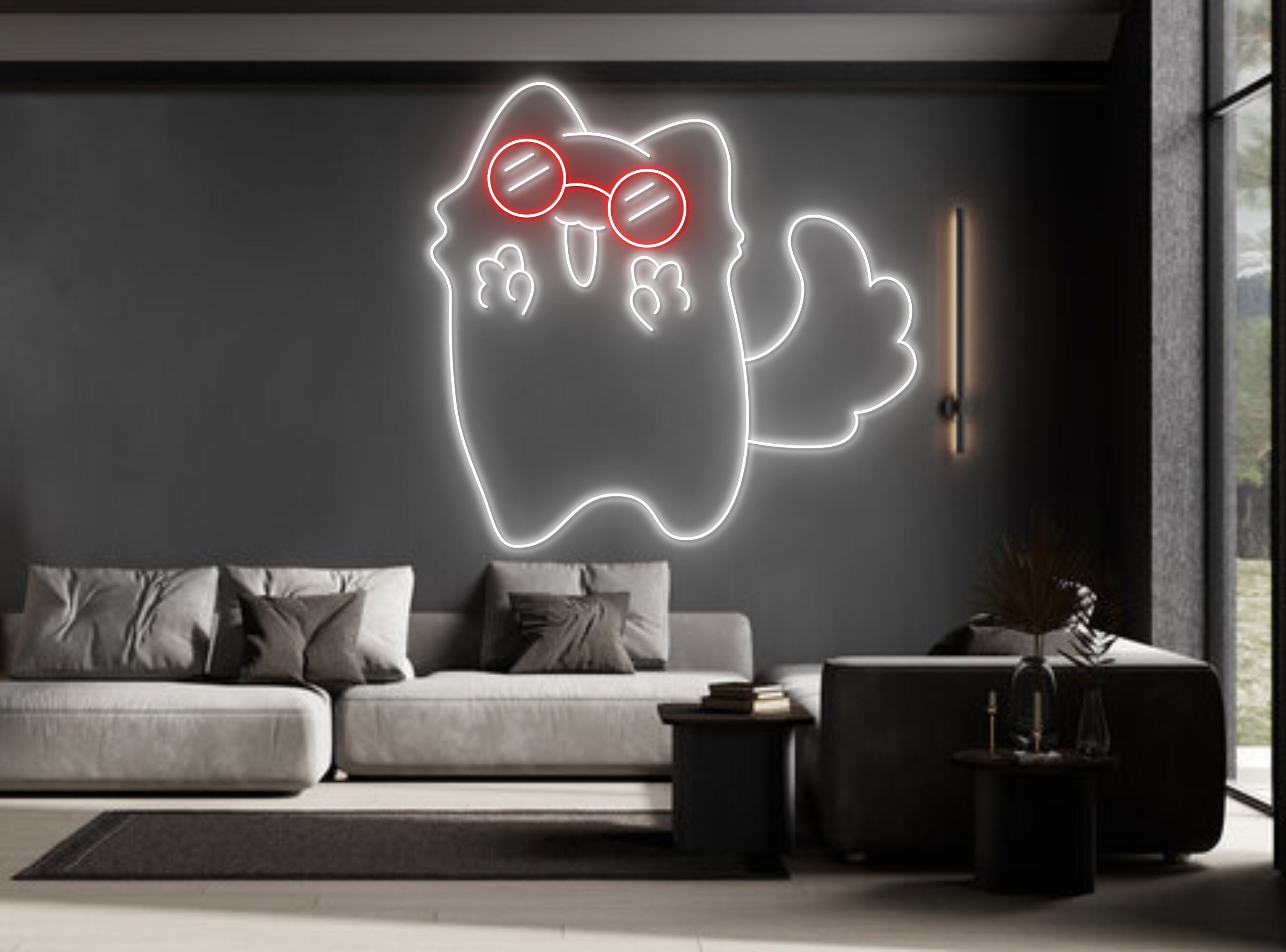 Happy Chibi Cute Cat Line Art Neon Sign