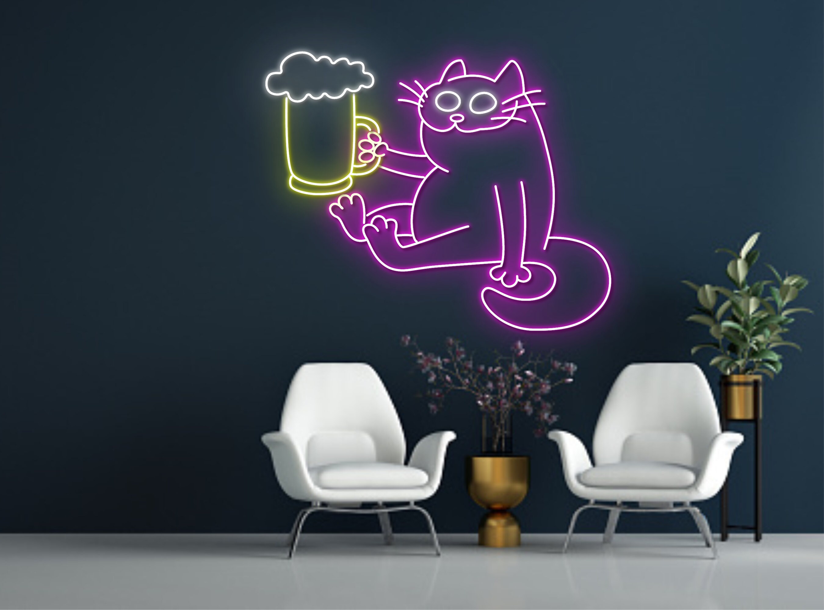 Cat Holding Beer Line Art Neon Sign