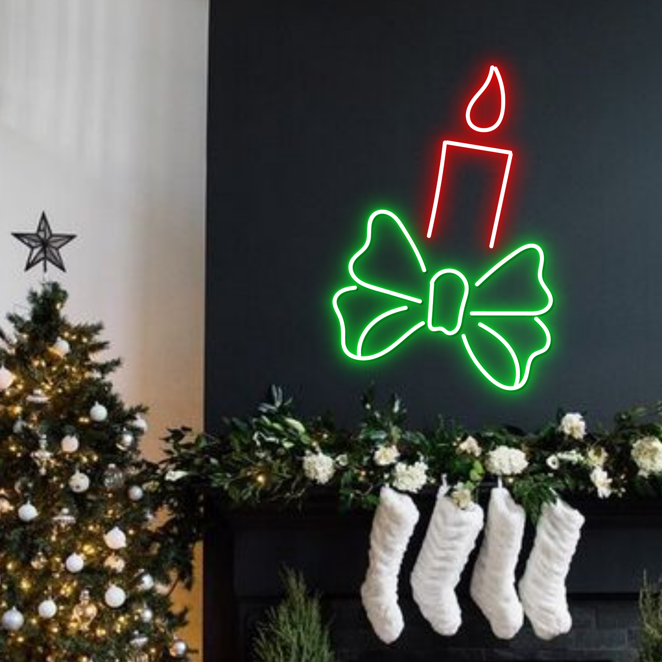 Christmas Candle Neon Sign Christmas Decor Set Green Red