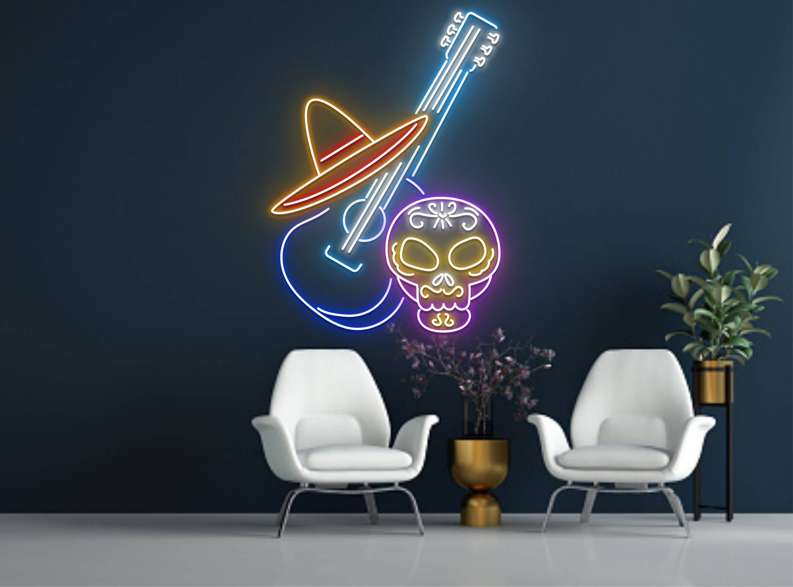 Mexican Head Skull play guitar Neon Sign Halloween Decor