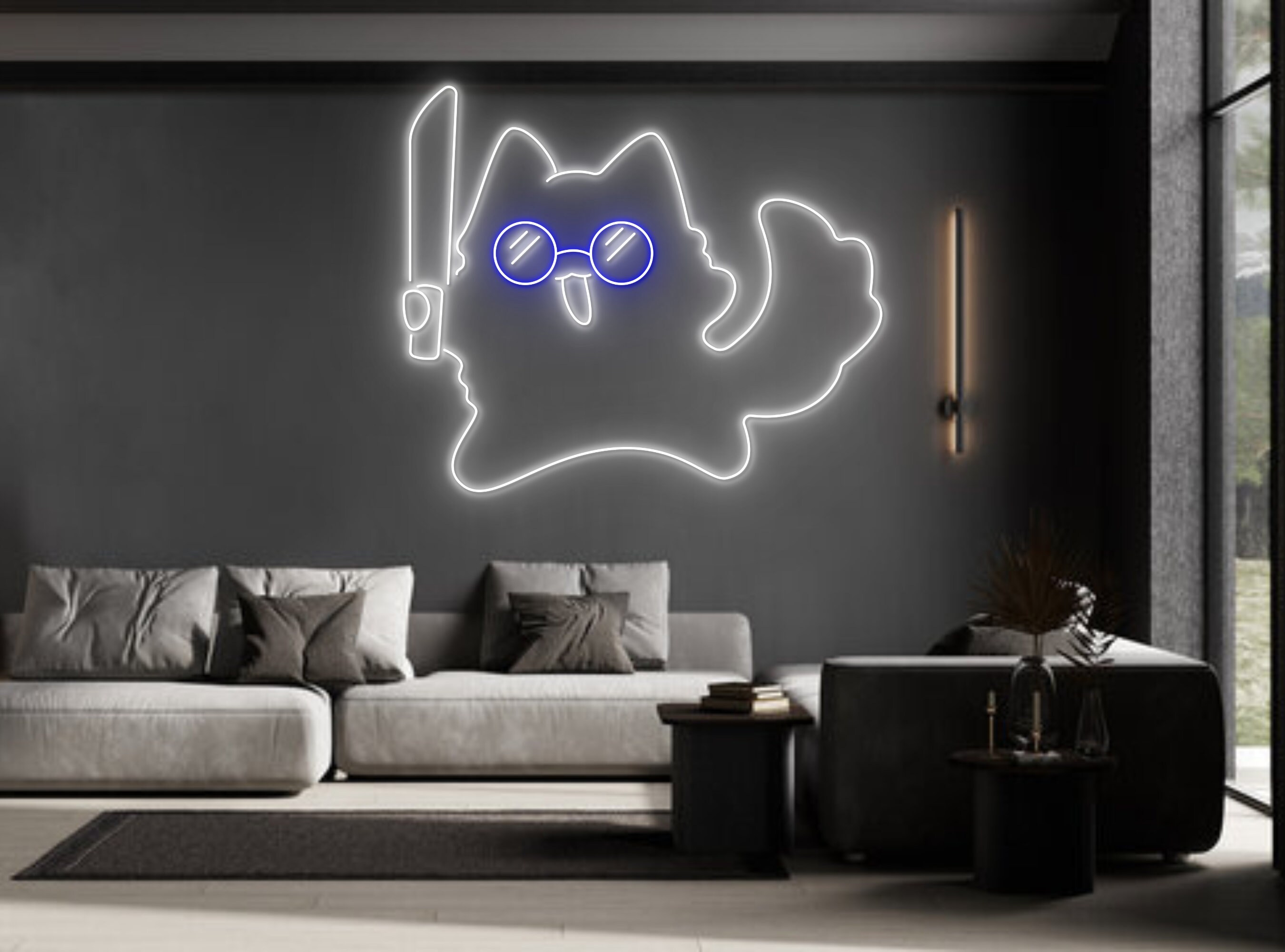Chibi Cute Cat Hold Knife Line Art Neon Sign
