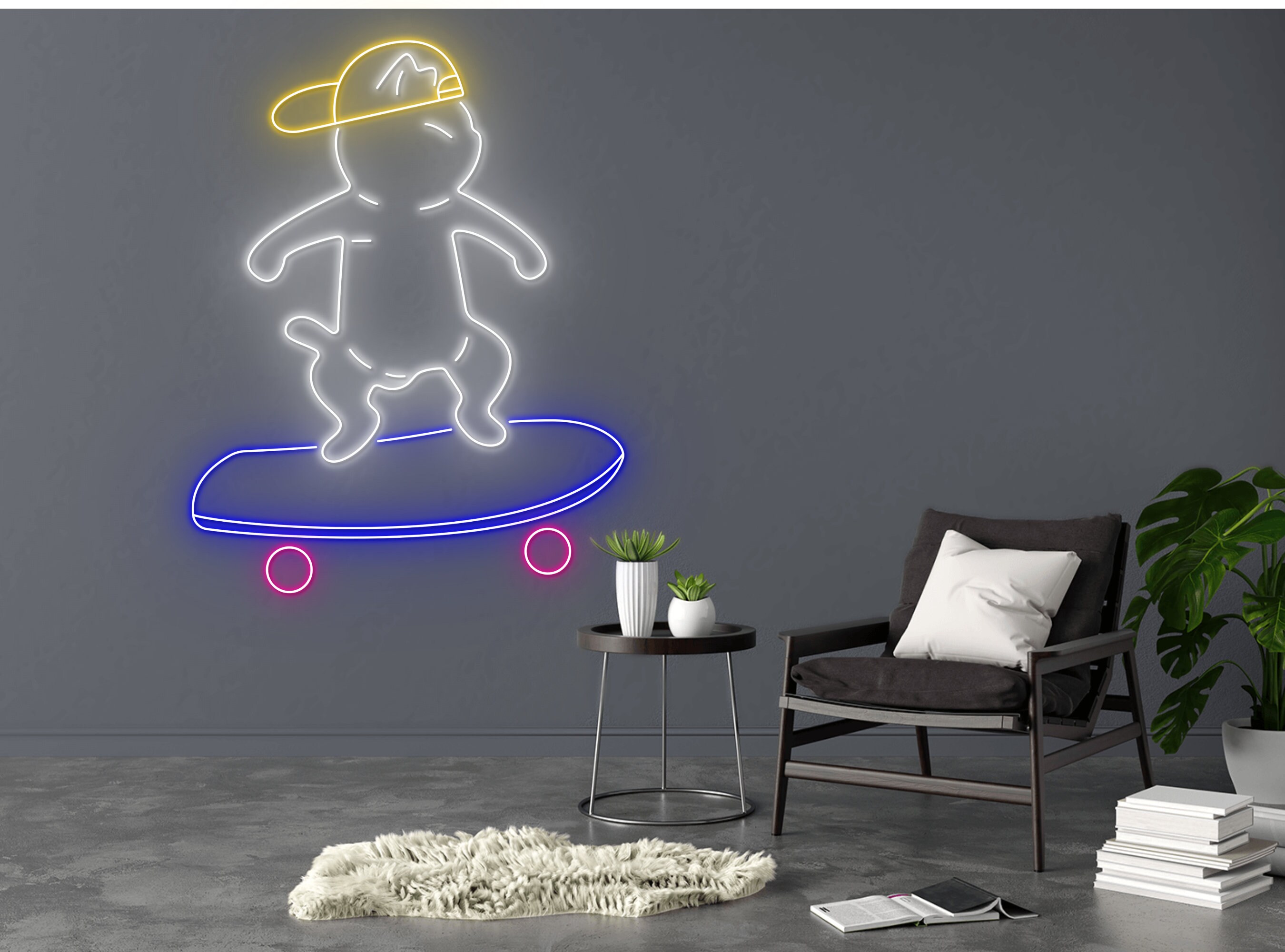 Chibi Cat Skateboarding Line Art Neon Sign