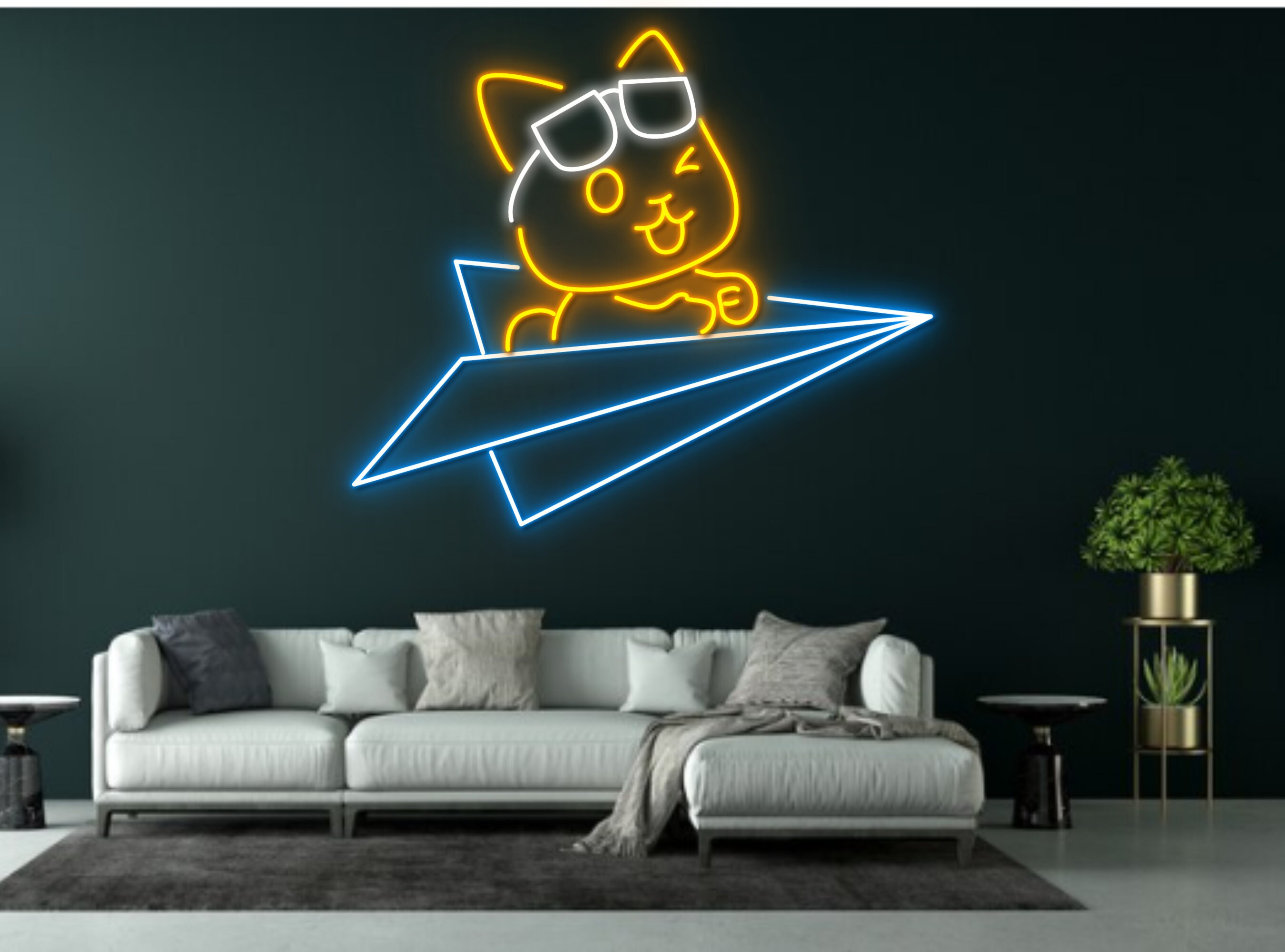 Chibi Dog Sitting On Paper Plane Neon Sign