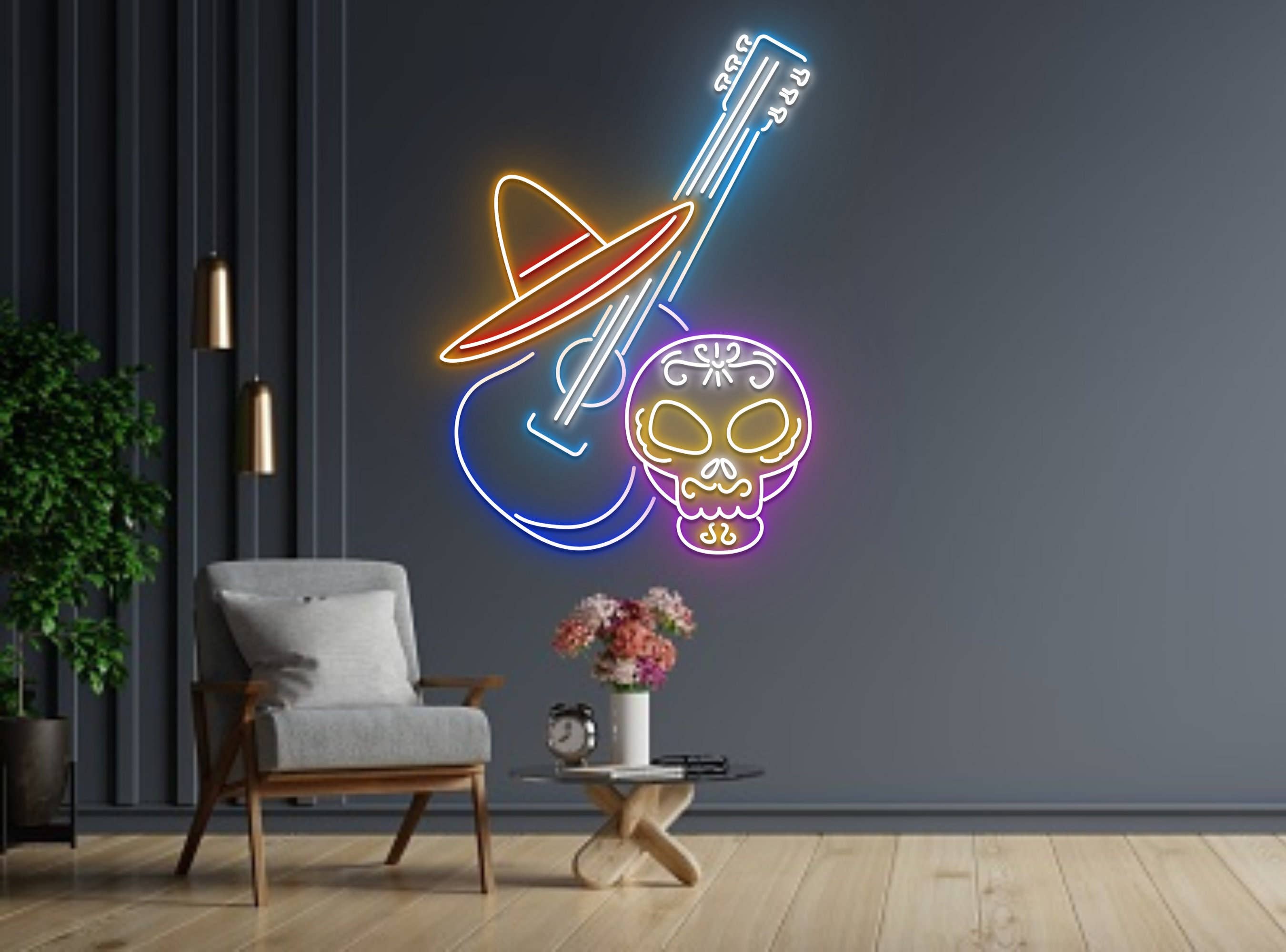 Mexican Head Skull play guitar Neon Sign Halloween Decor