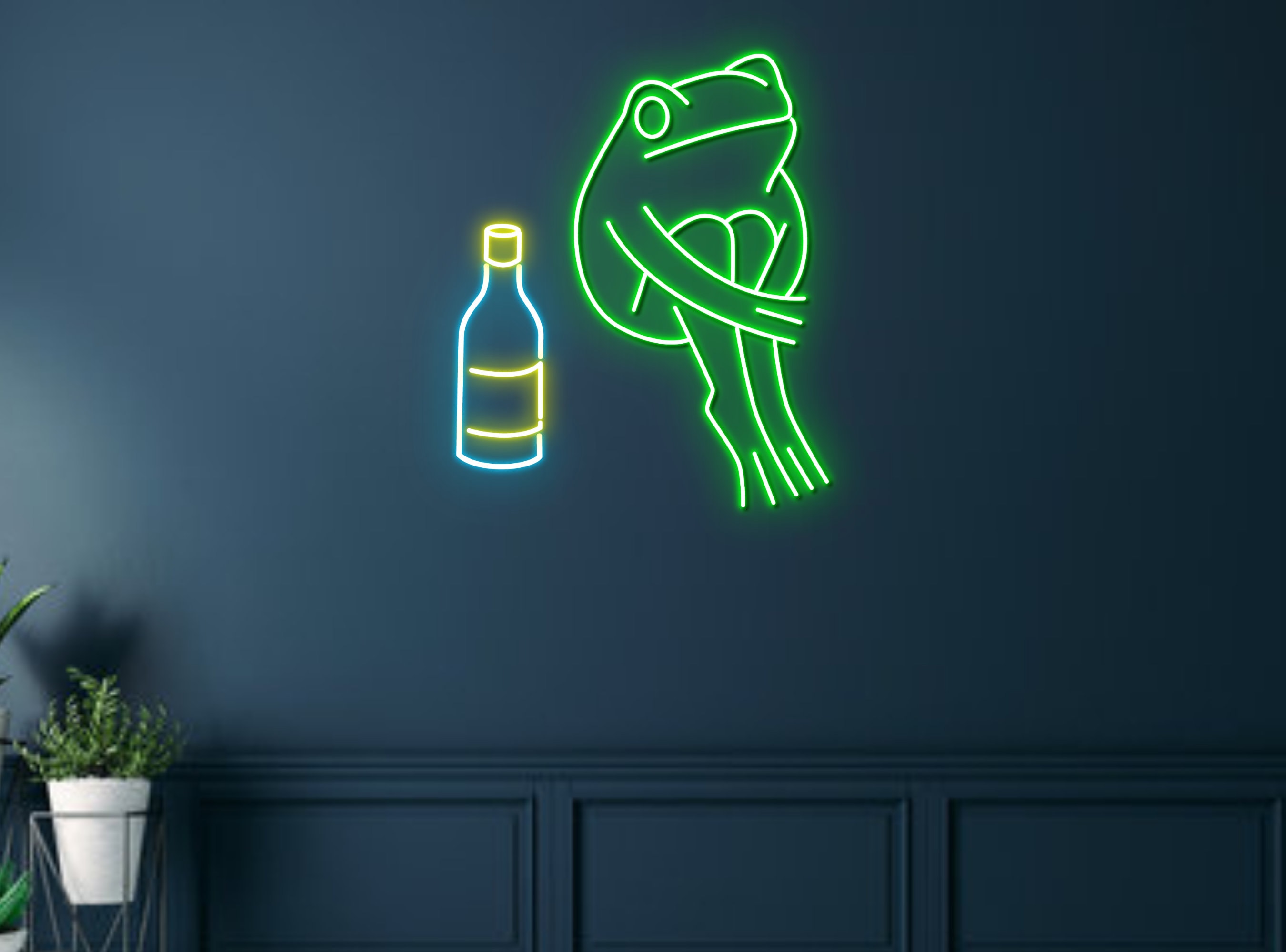 Chibi Frog Sit Next To Wine Bottle Neon Sign
