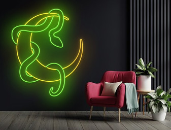 Snake With Moon Line Art Neon Sign