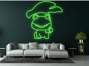 Raining Chibi Frog Under Green Leaf Neon Sign