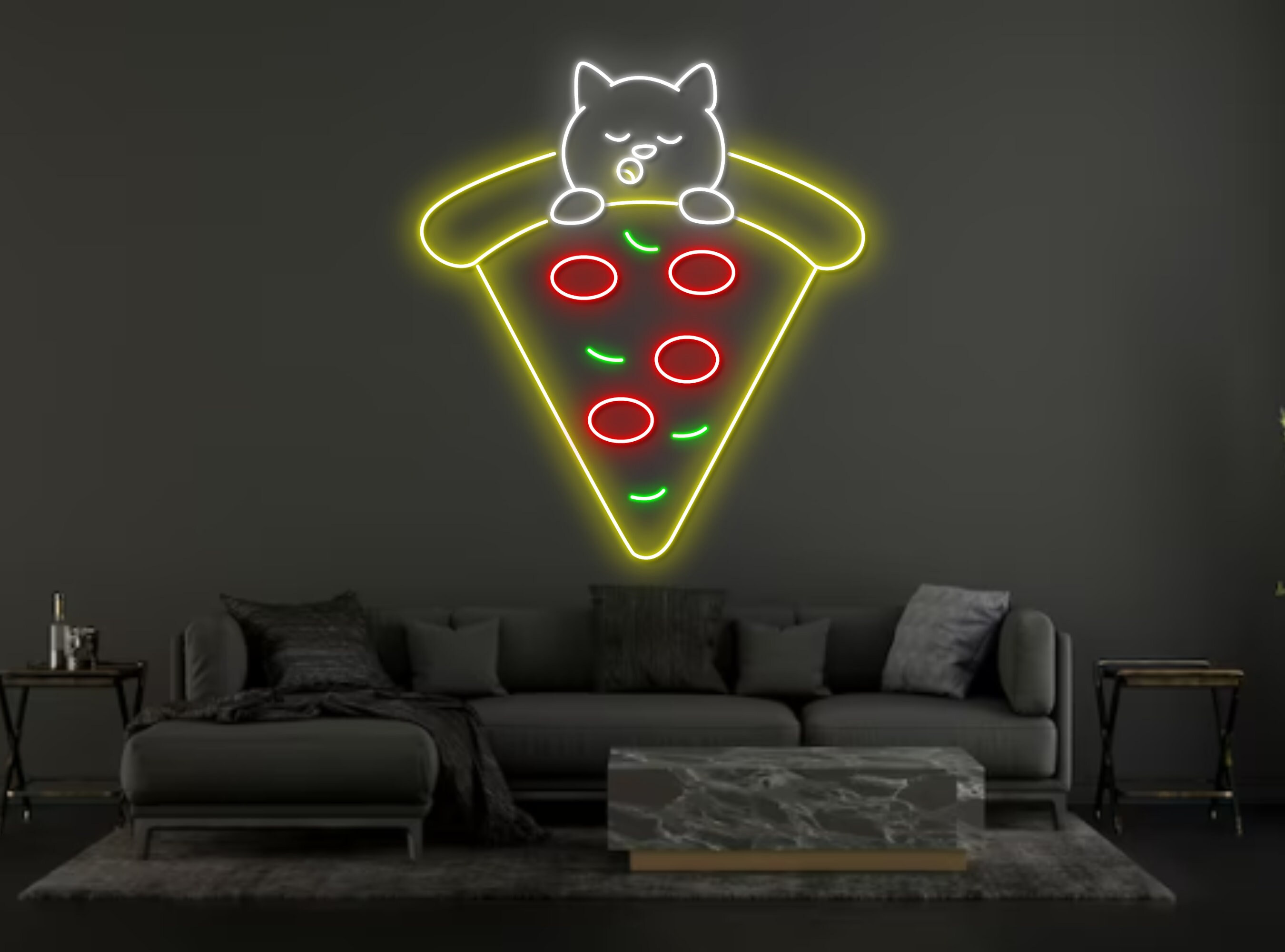 Chibi Dog Sleep On Pizza Neon Sign