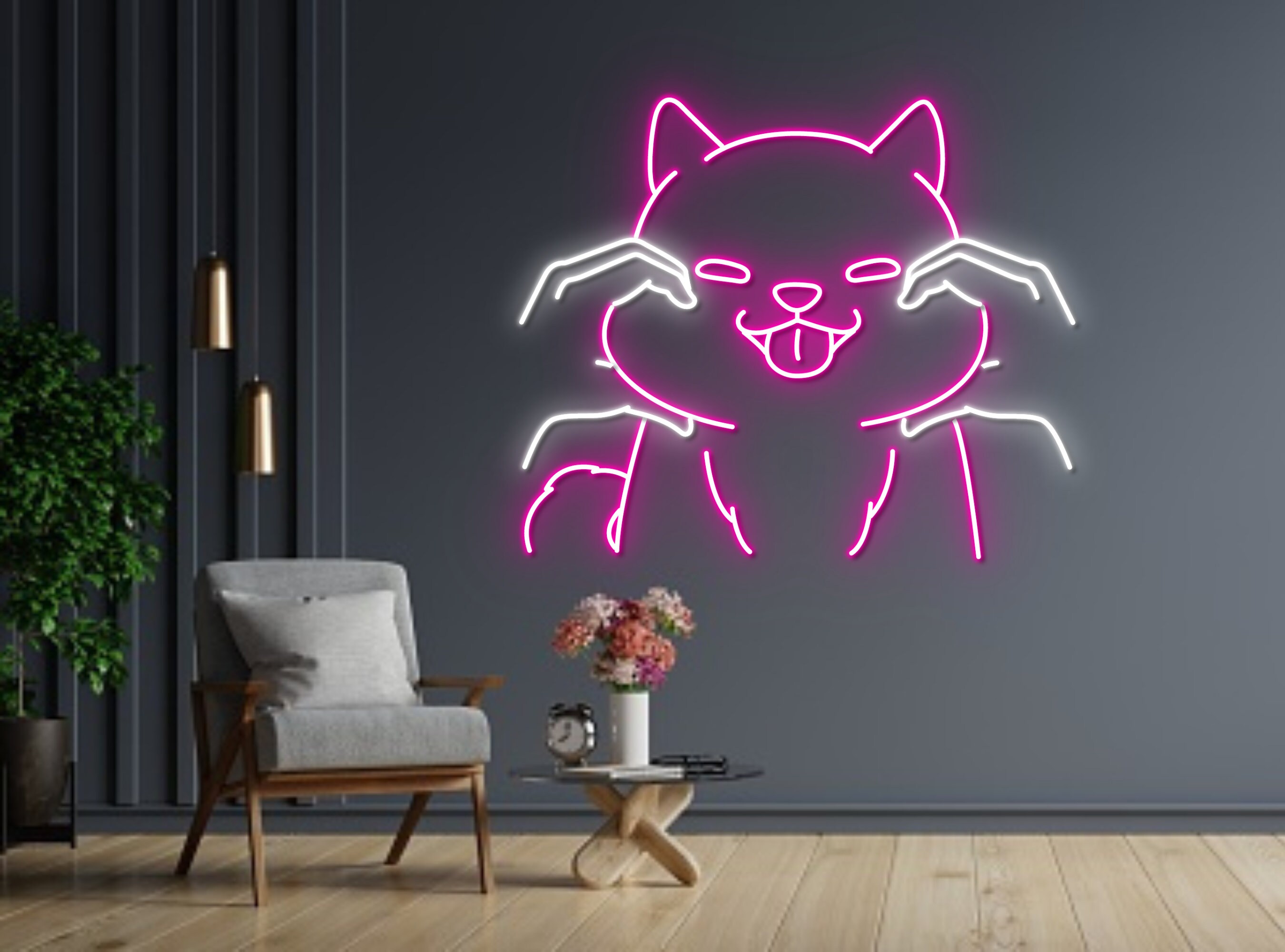 Shiba Inu Face With Owner Hand Dog Neon Sign