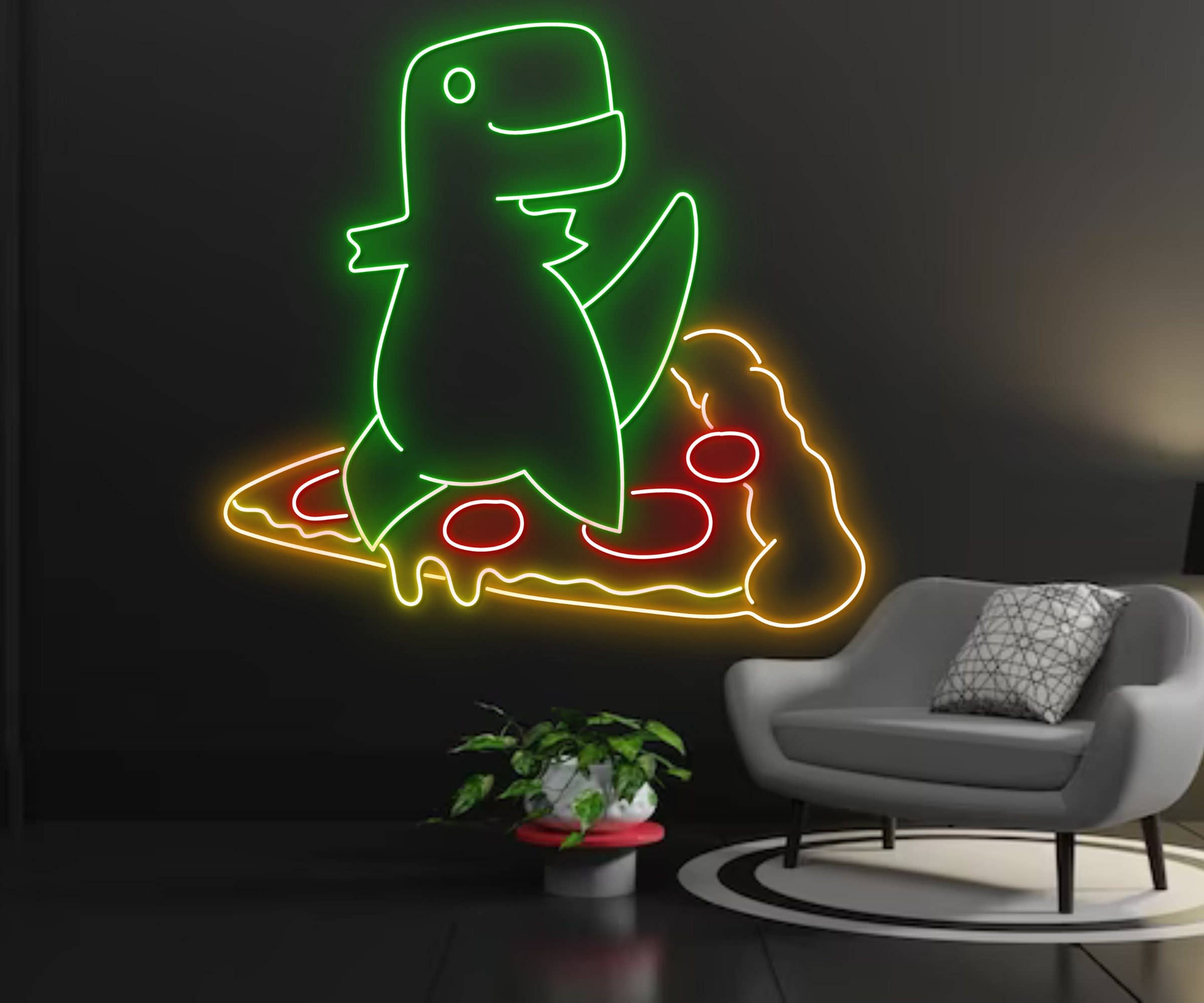 Dinosaur With Pizza Neon Sign Pizza Restaurant Wall Decor