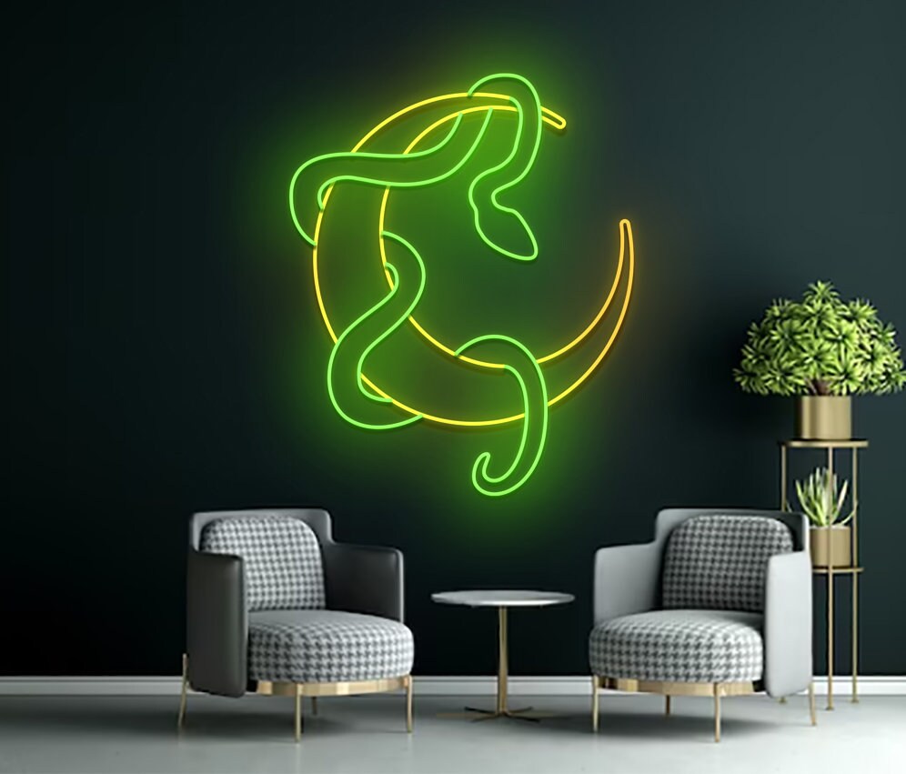 Snake With Moon Line Art Neon Sign