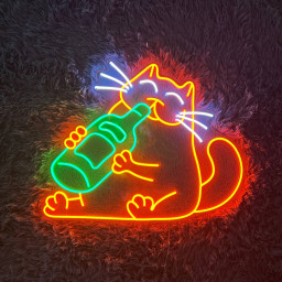 Drinking Beer Cat Line Art Neon Sign