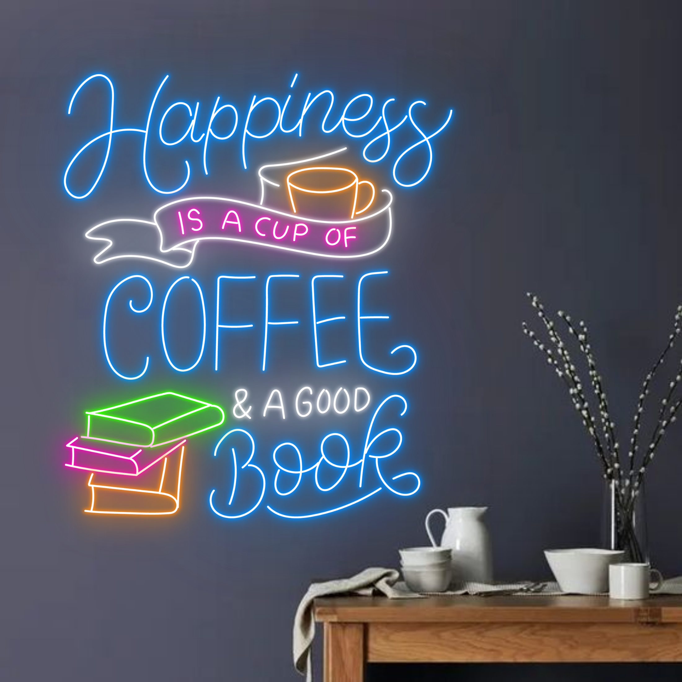 Happiness is Coffee And Book Neon Sign