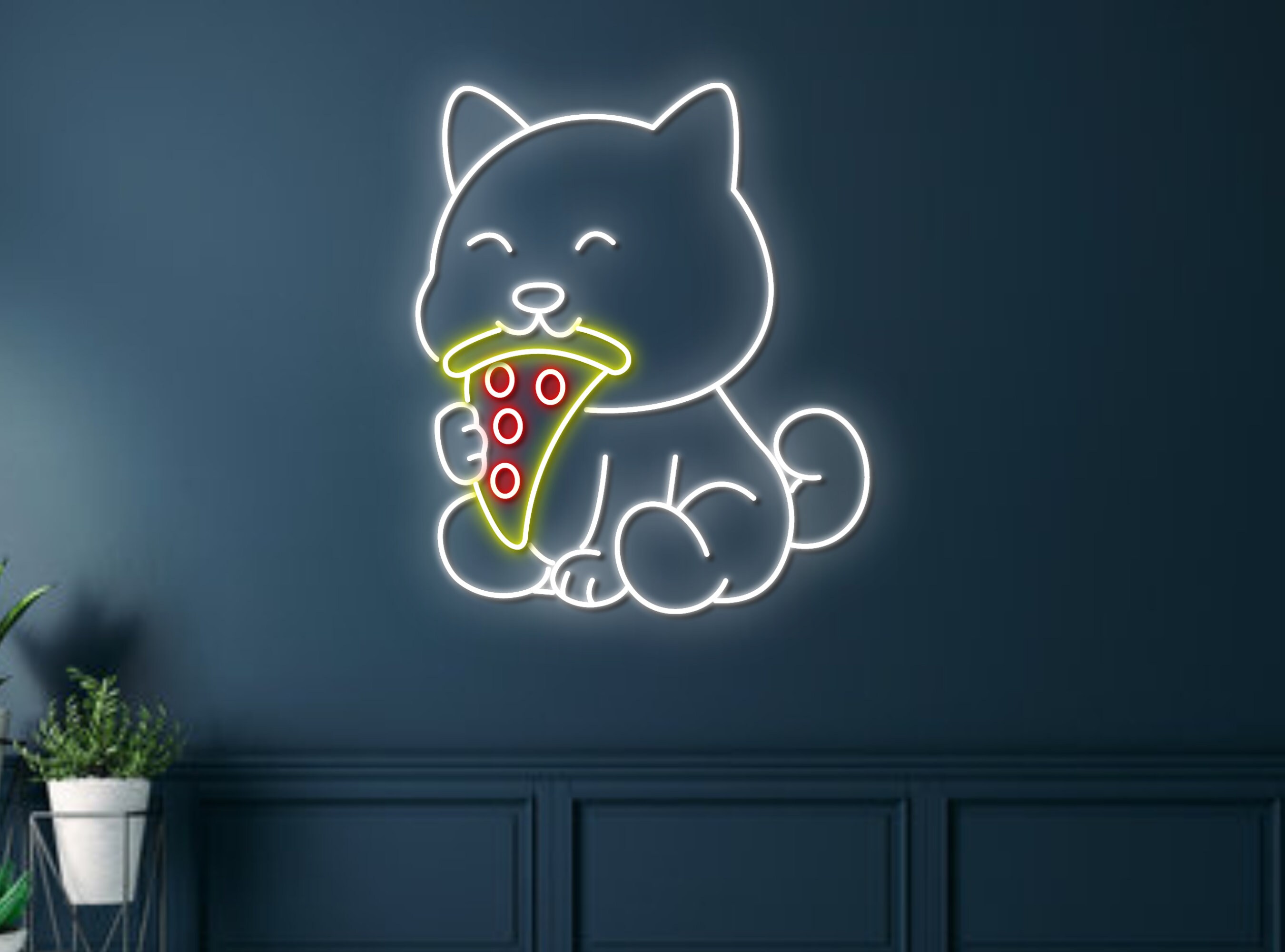 Chibi Dog Eat Pizza Neon Sign