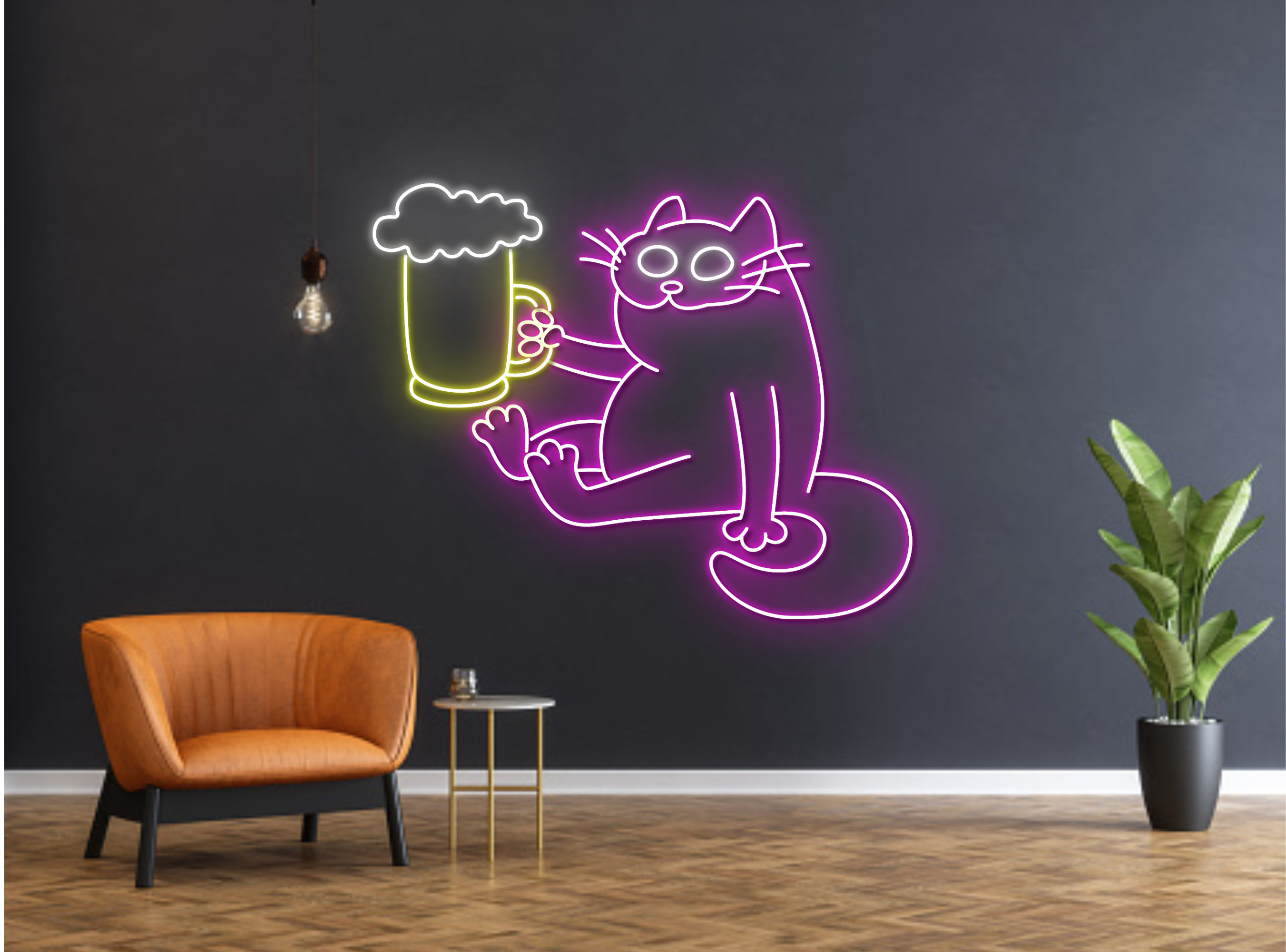Cat Holding Beer Line Art Neon Sign