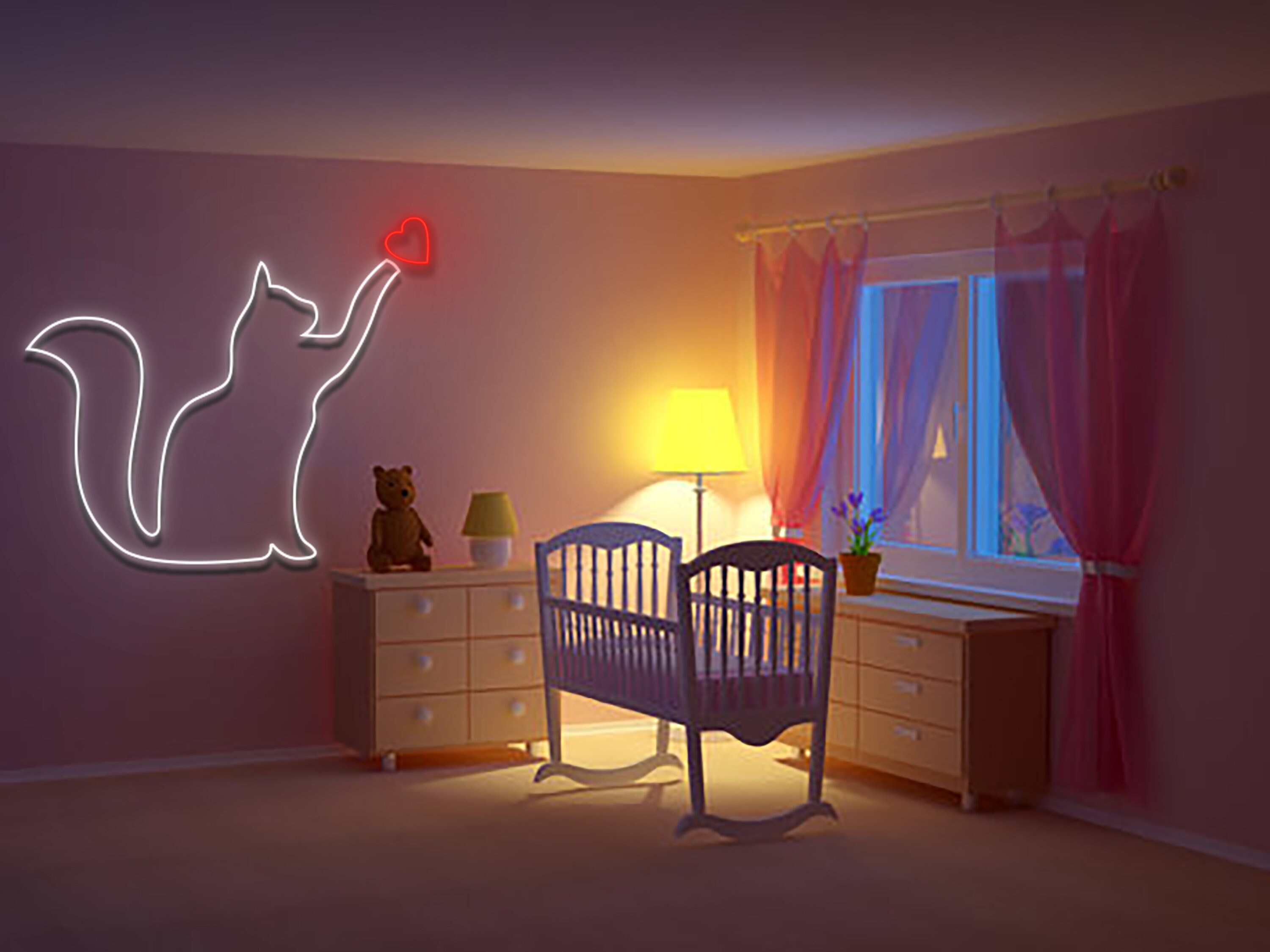 Cat With Heart Line Art Neon Sign Wall Art Decor