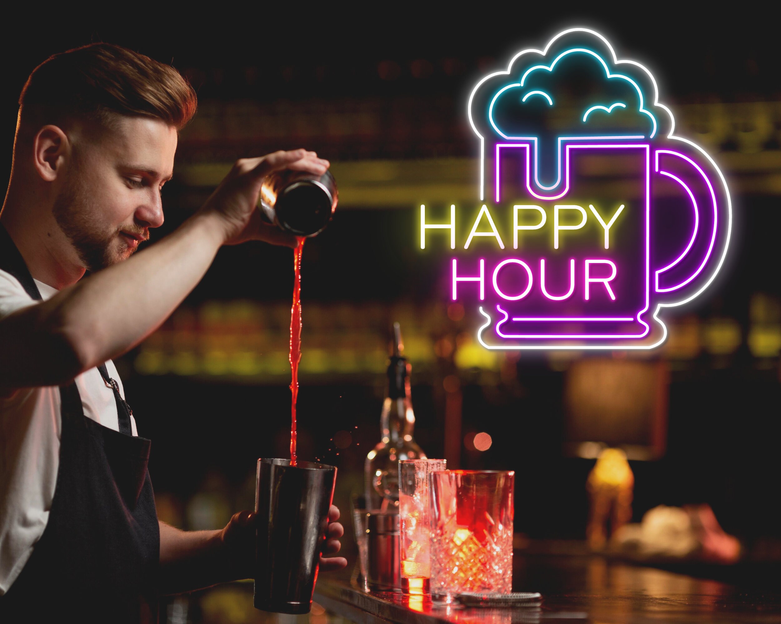 Happy Hour Beer Bottle Glass Foam Neon Sign
