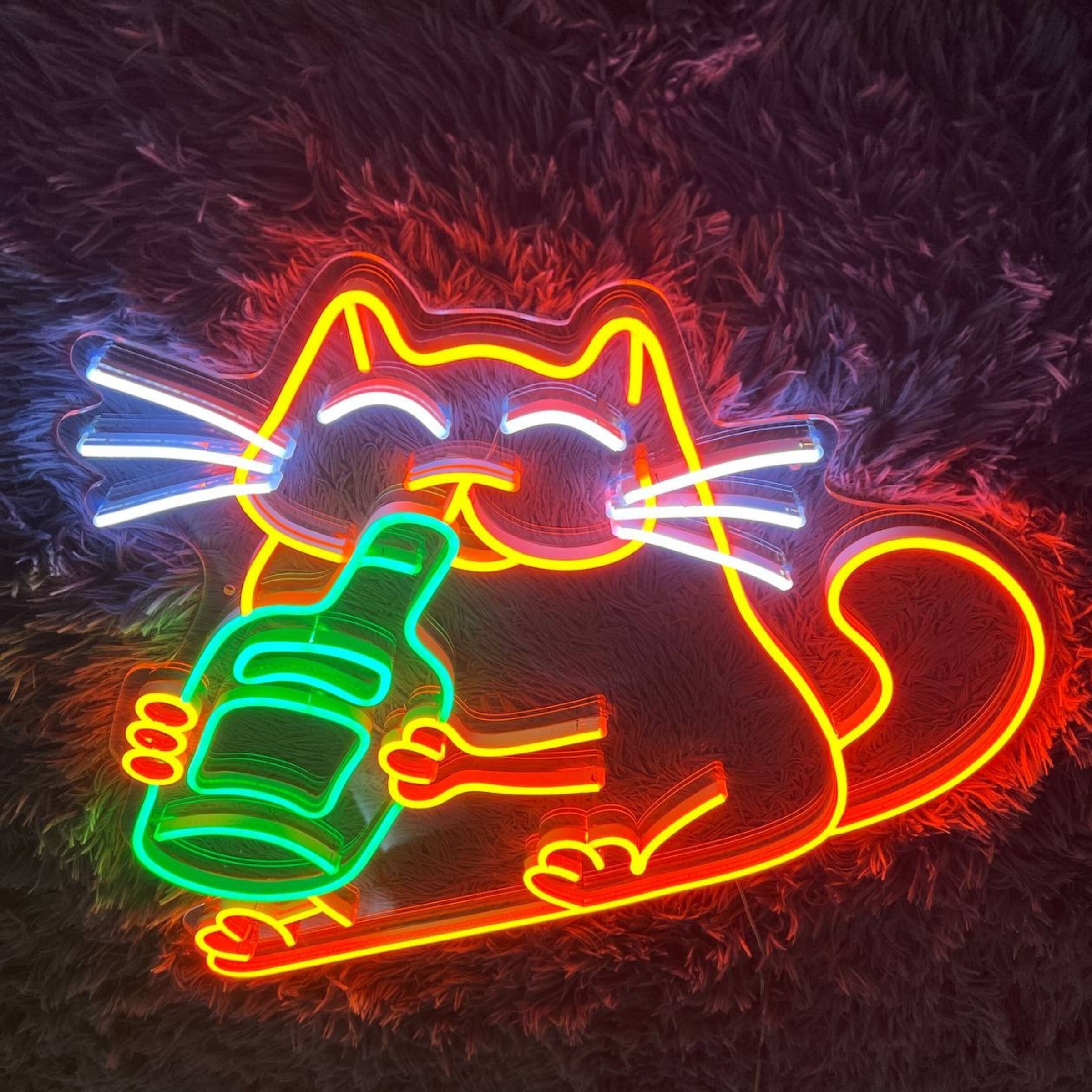 Drinking Beer Cat Line Art Neon Sign