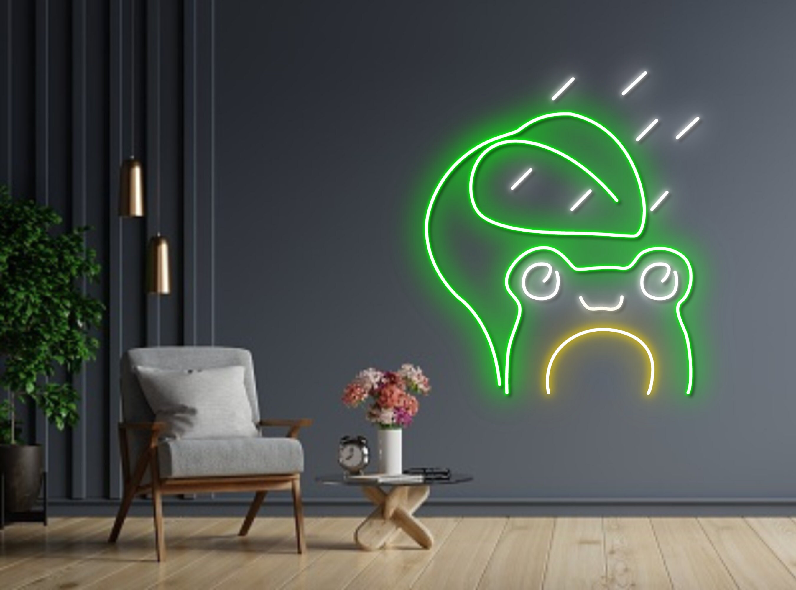 Raining Chibi Frog Under Green Leaf Neon Sign