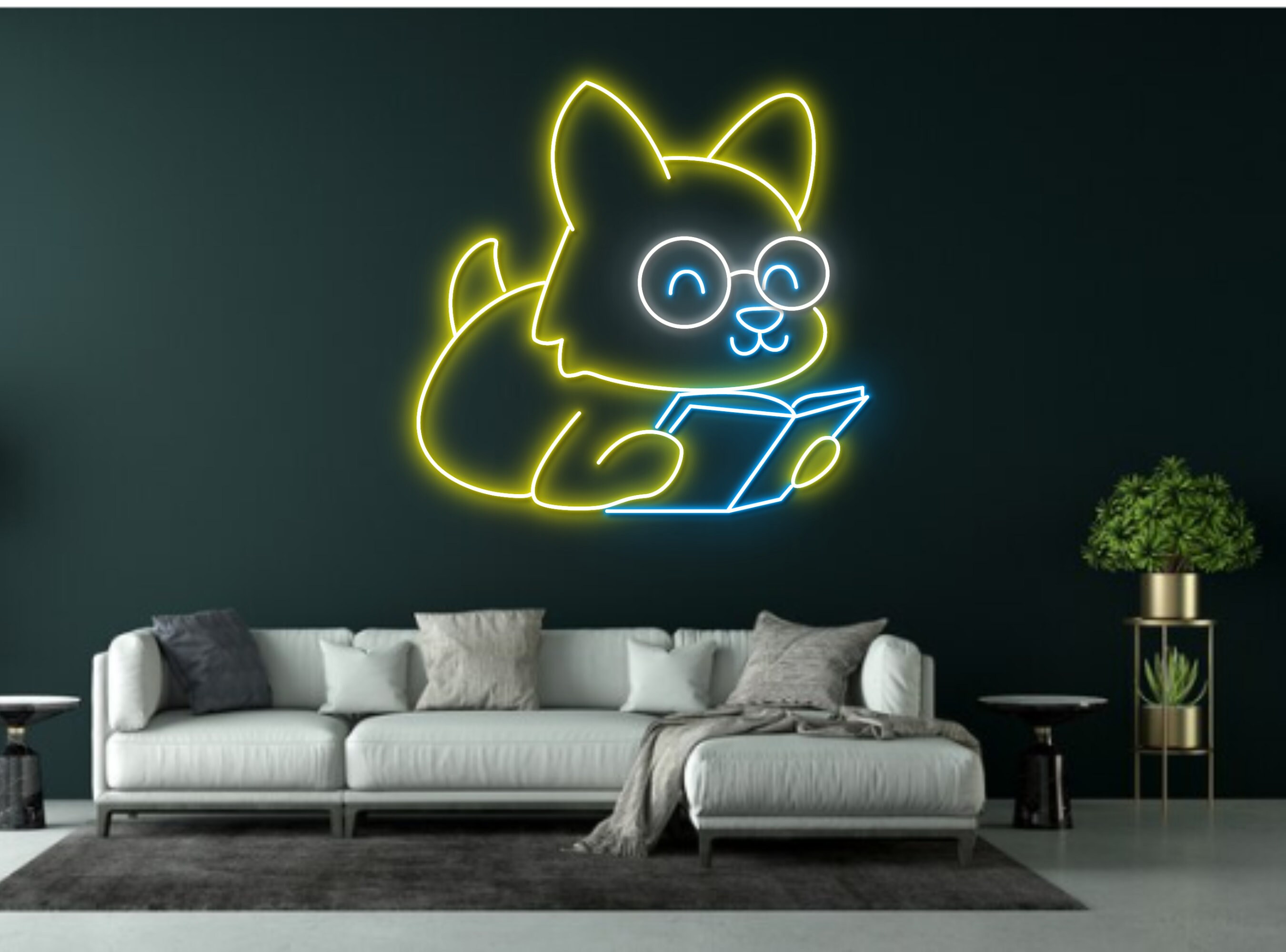 Chibi Dog Reading Book Neon Sign
