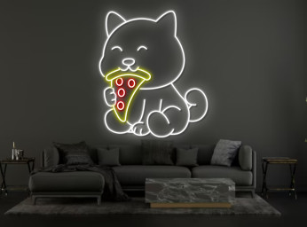Chibi Dog Eat Pizza Neon Sign