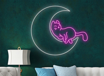 Lazy Cat Lying Moon Neon Sign