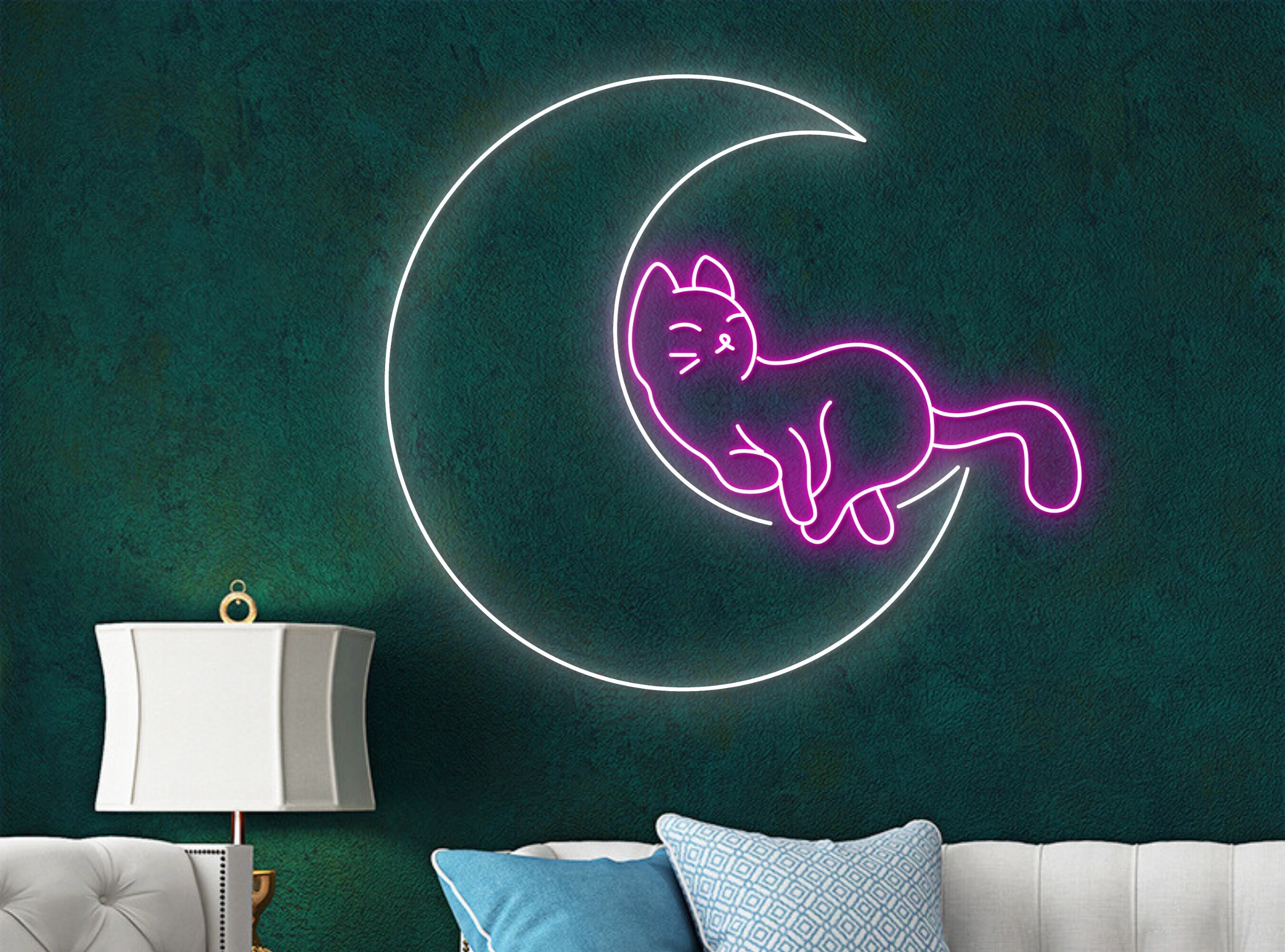 Lazy Cat Lying Moon Neon Sign