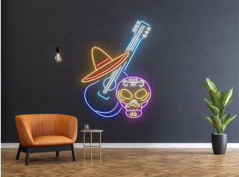 Mexican Head Skull play guitar Neon Sign Halloween Decor