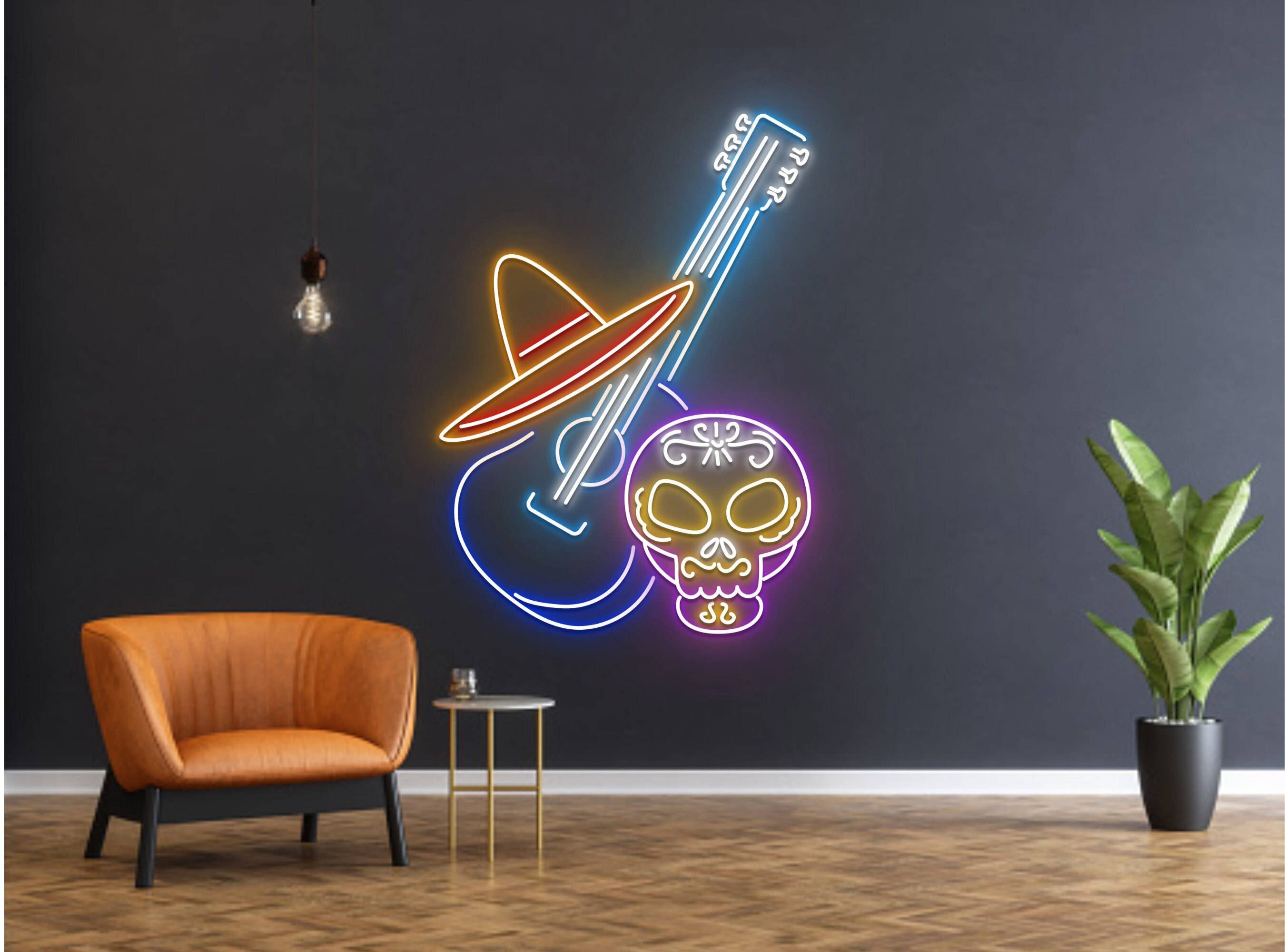 Mexican Head Skull play guitar Neon Sign Halloween Decor