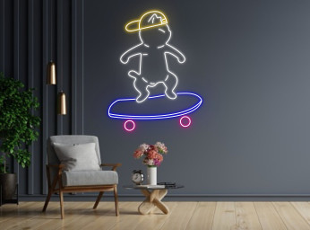 Chibi Cat Skateboarding Line Art Neon Sign