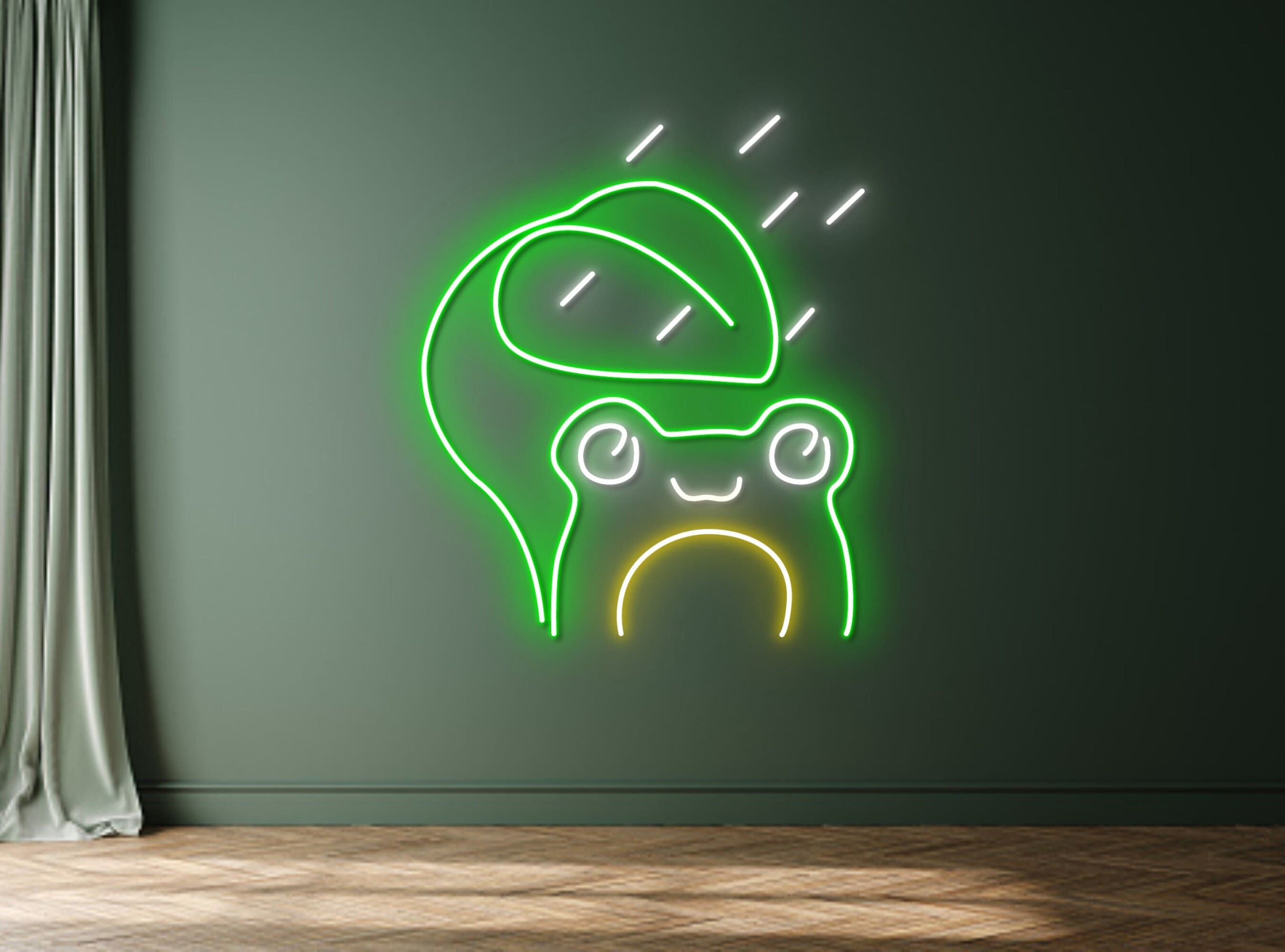 Raining Chibi Frog Under Green Leaf Neon Sign