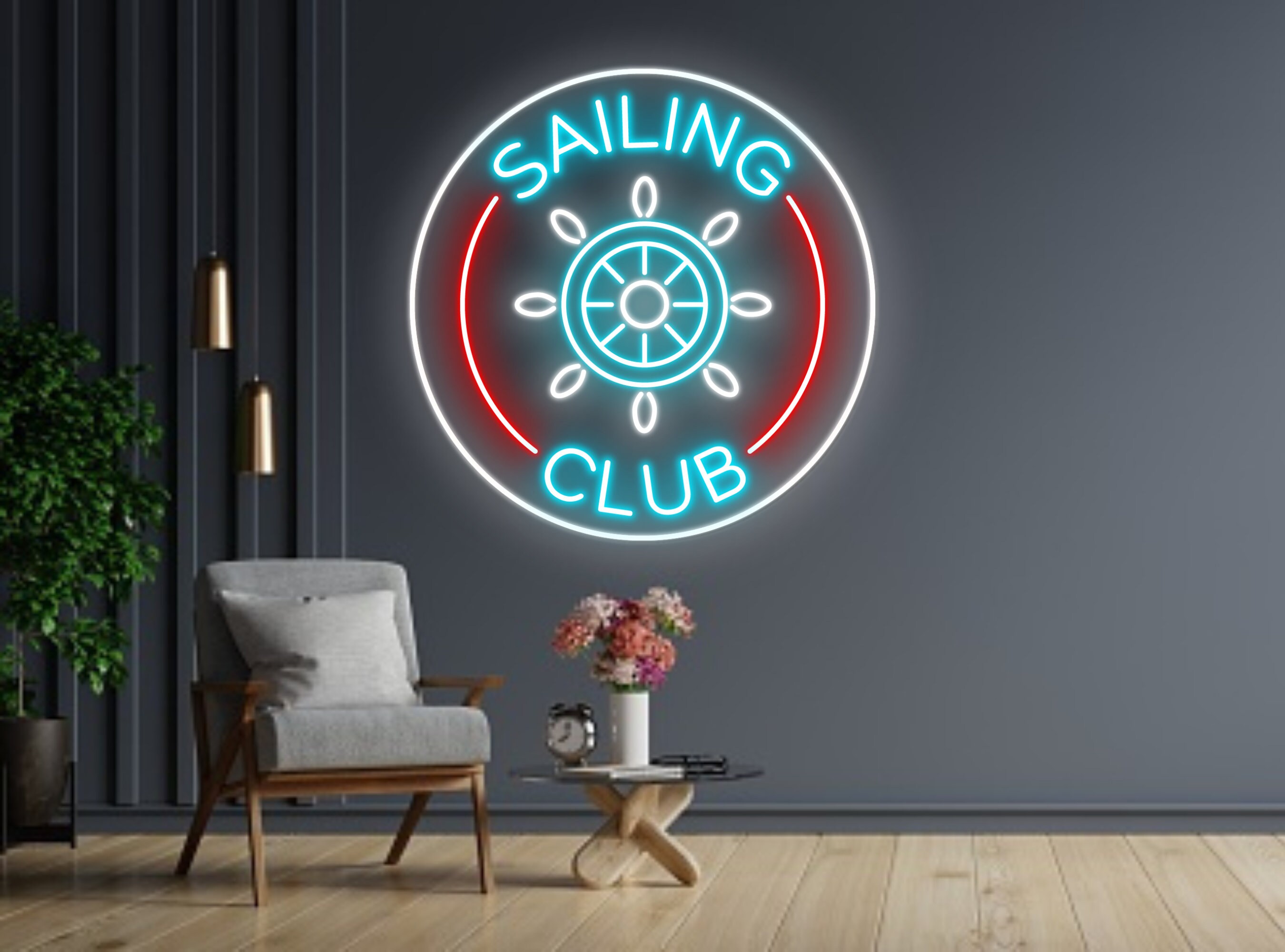 Sailing Club Yacht or Ship Wheel Beach Neon Sign
